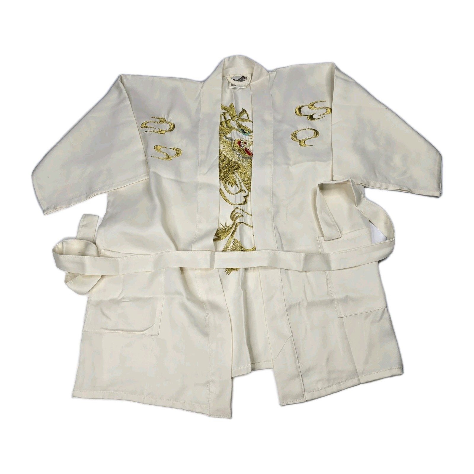 VTG Oriental Dragon KIMONO Robe L Polyester White Gold Authentic 1950s 60s 70s