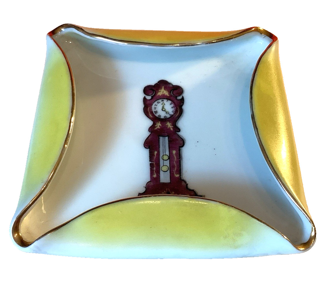 Vintage Japan Ashtray Rare Folded Porcelain with Grandfather Clock 4 1/4