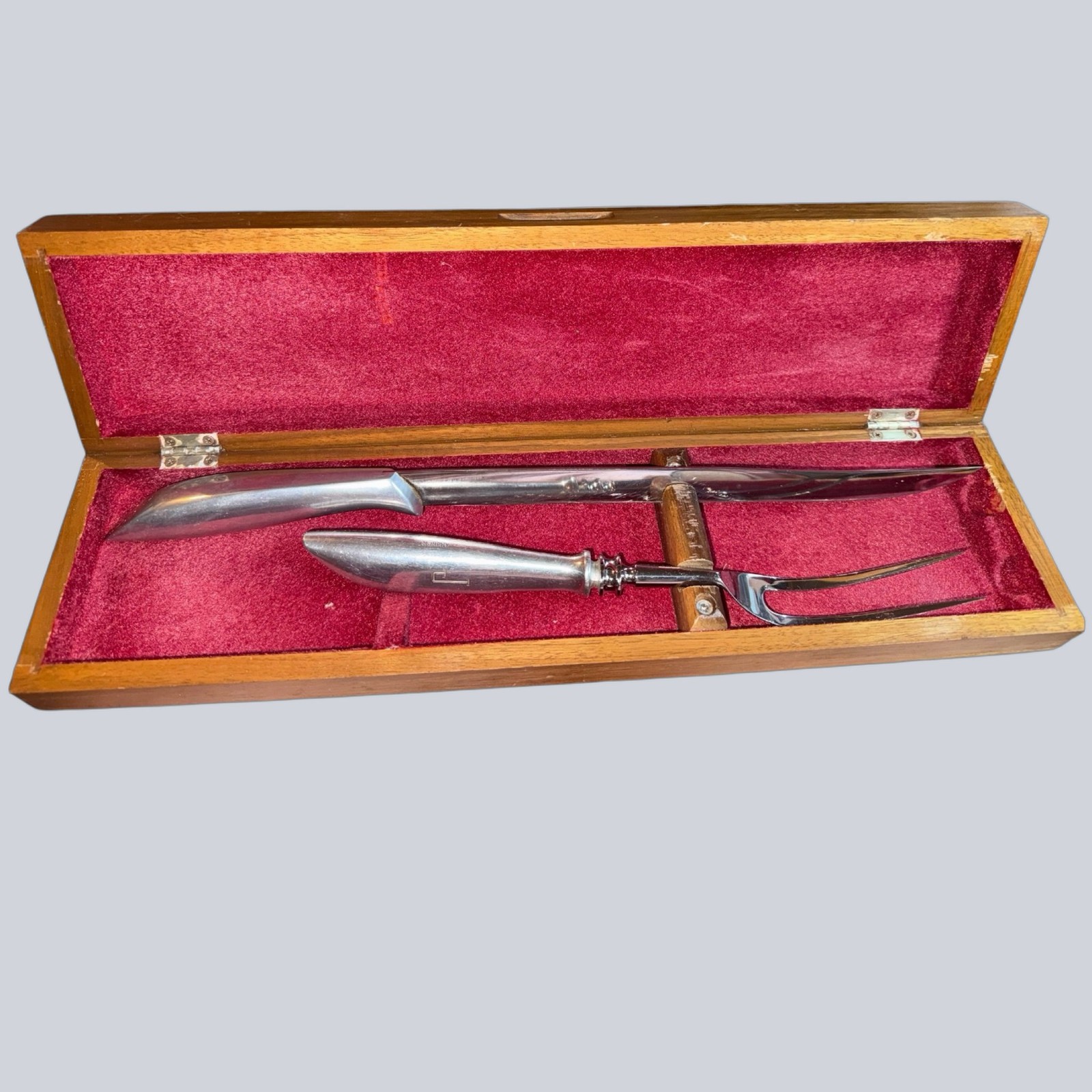 Vtg Rare R Murphy USA Carving Set 2 pc Knife Fork Wood Presentation Bx J Mnagrm