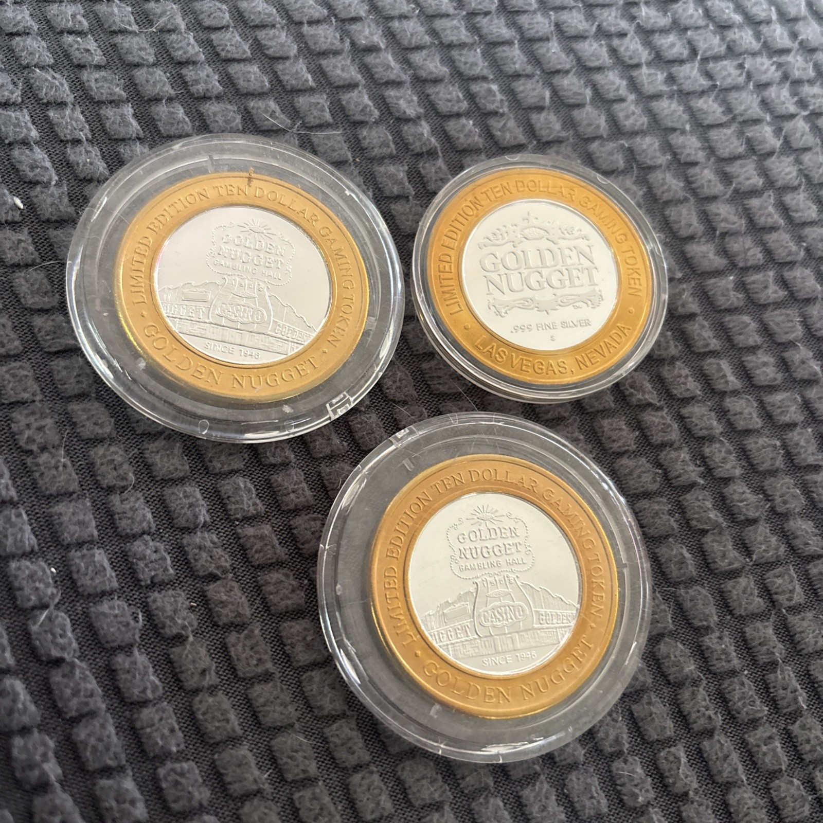 LOT OF 3 GOLDEN Nugget $10.00 Casino Token 999 Fine Silver
