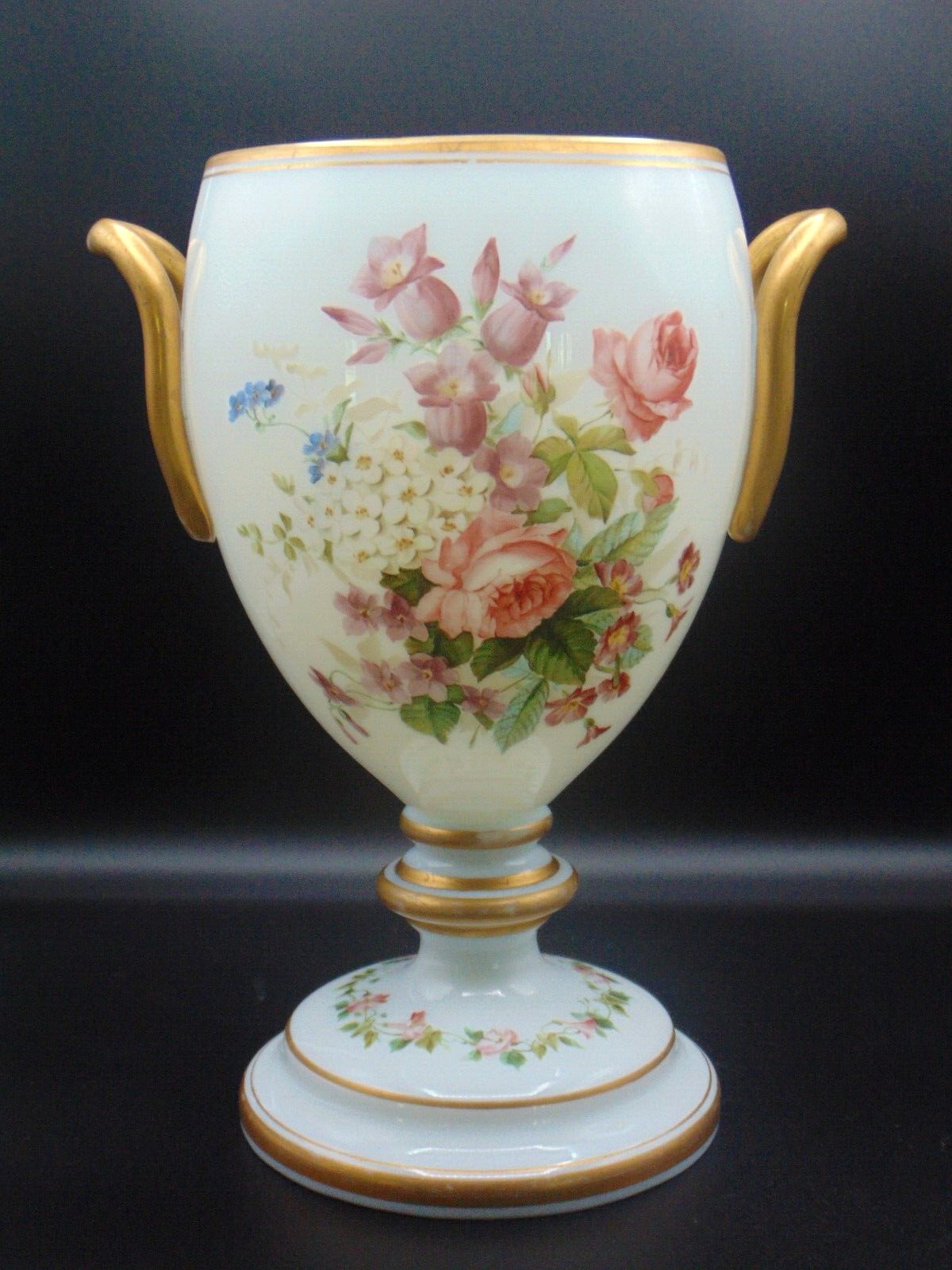 Signed Josephinenhütte Antique Opaline Hand Painted Floral Art Glass Urn Vase