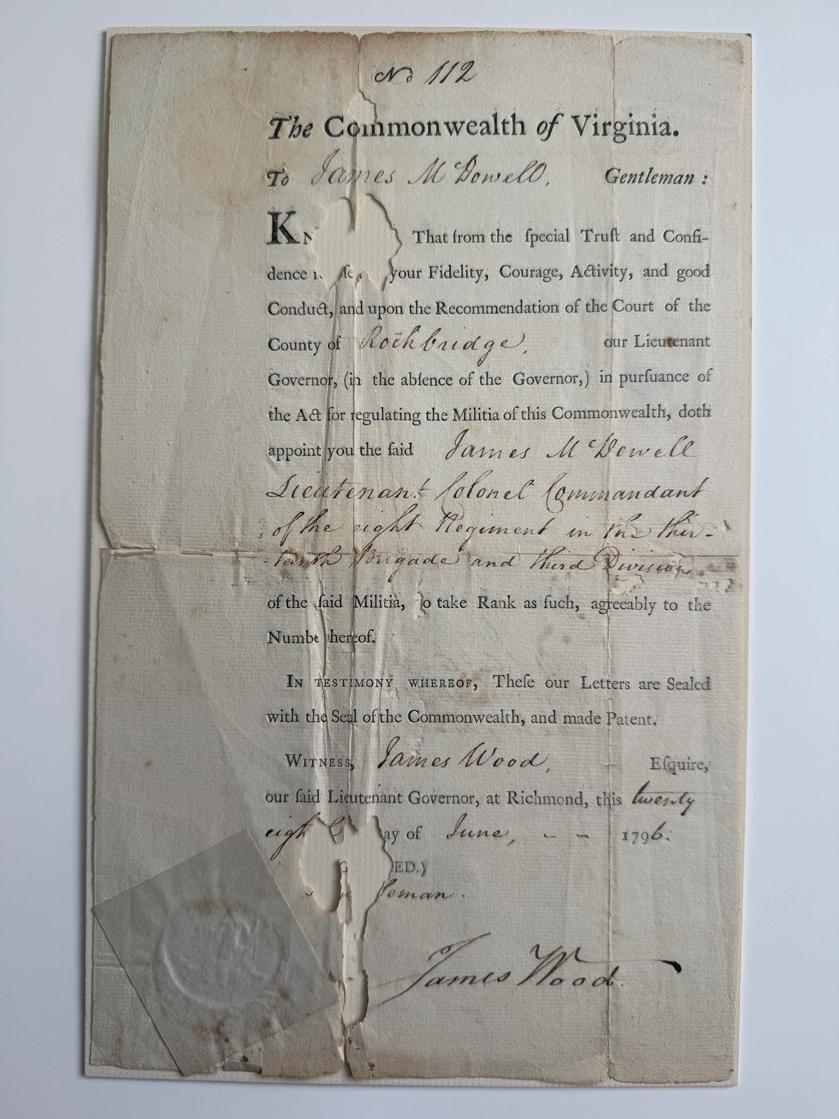 1796 Revolutionary General James Wood Signed Virginia Militia Commission to