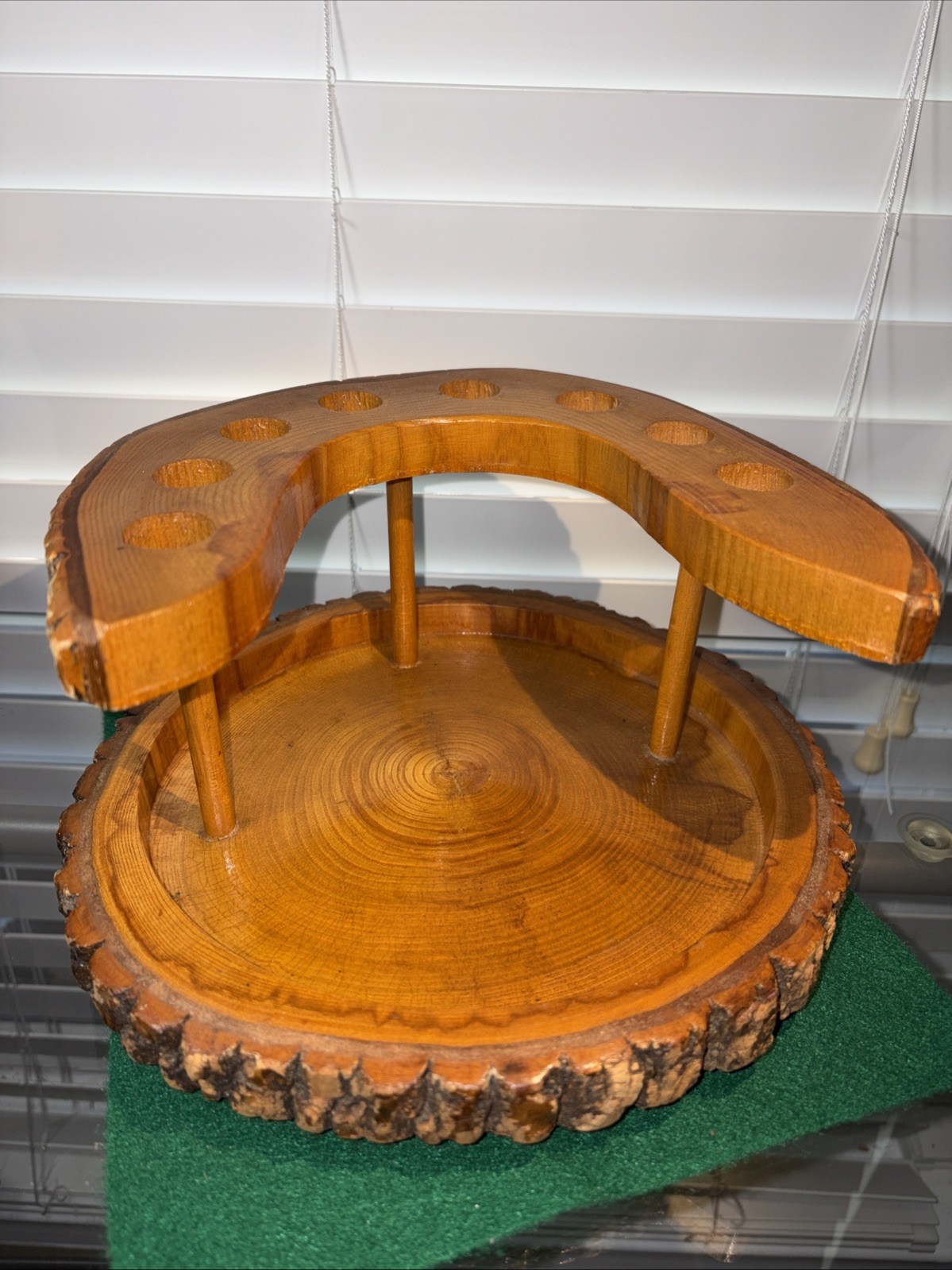 Vintage Rustic Live Edge Bark Wood 8 Pipe Stand Holder Horseshoe Shaped Rack