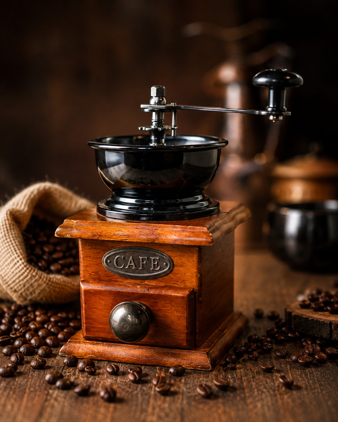 vintage antique manual wooden coffee grinder