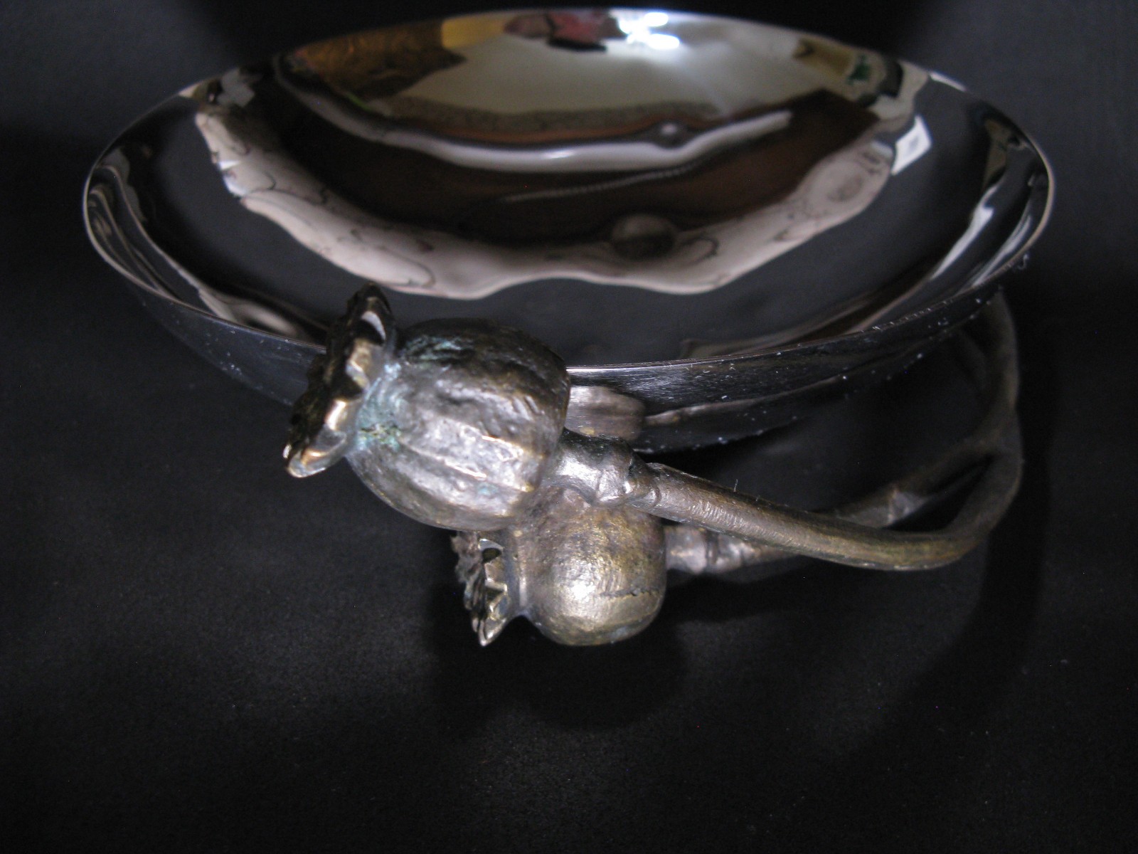 Michael Aram Poppy Whistle Nut Bowl Polished Metal Silver Bronze Pedestal Signed