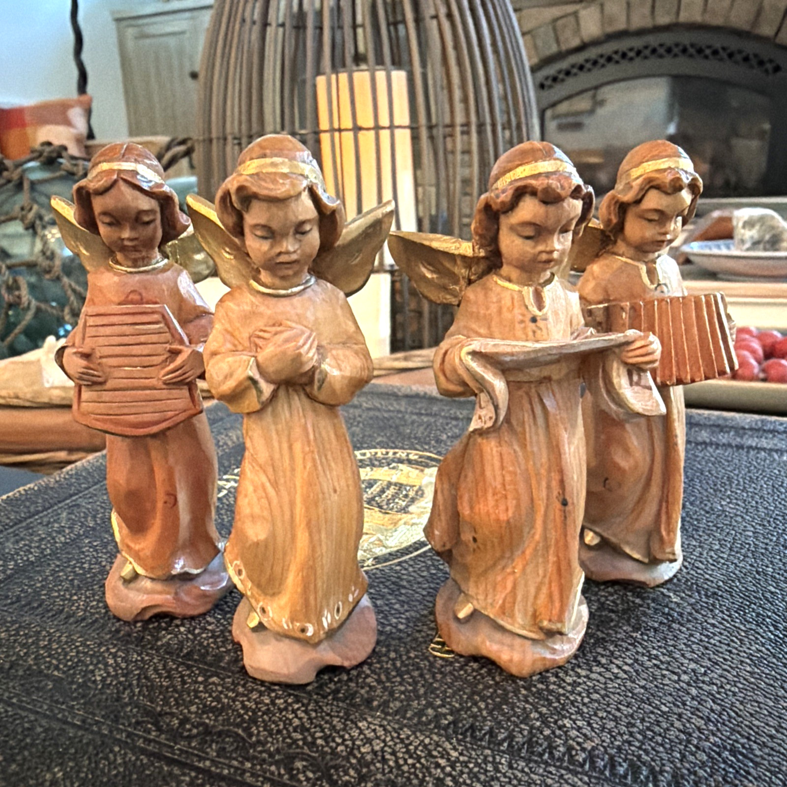 VTG Anri Style Hand Carved Wooden Angel Orchestra Band Figurines Set of 4 Italy