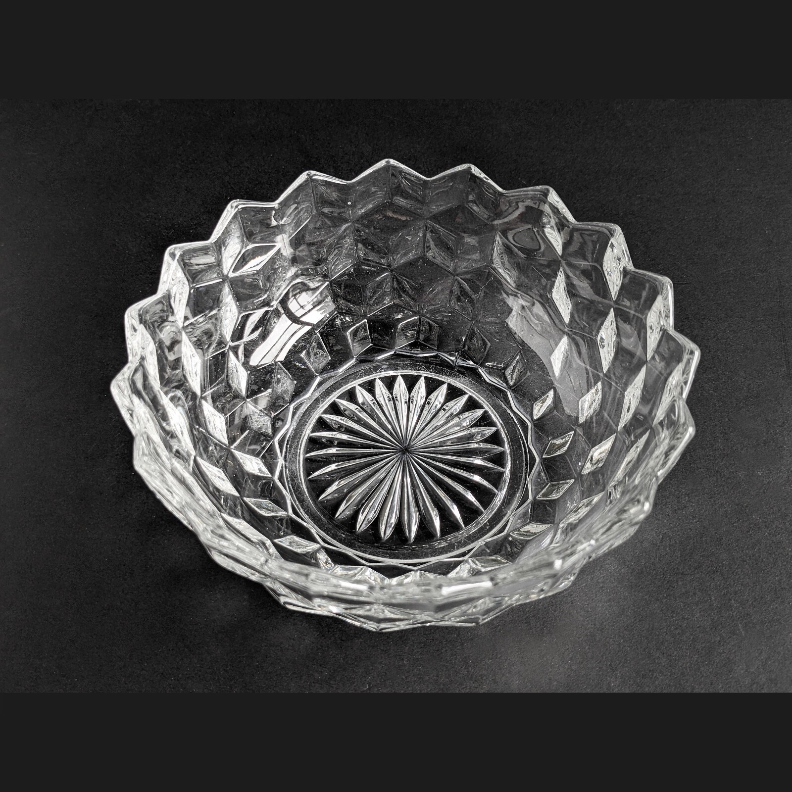 Fostoria Diamond Cut Glass 8 Inch Wide Bowl #2056 MCM Very Good Condition