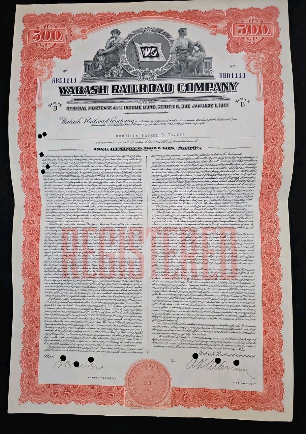 Wabash Railroad Co.-$500 Bond-Railroad Bonds Wabash Railroad Co.-$500 Bond-Railroad Bonds