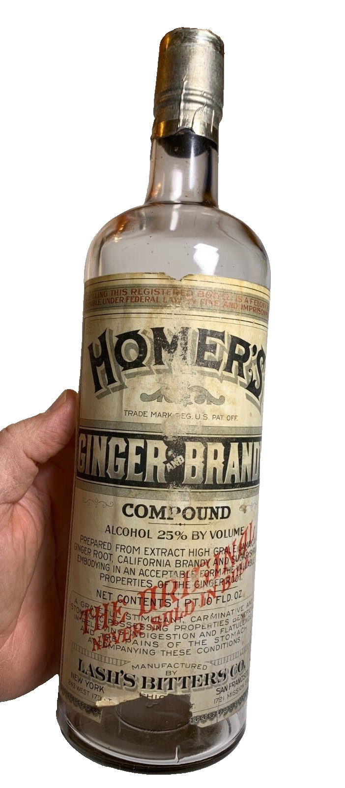 Antique 1890s Homer\'s GINGER BRANDY Bottle Label Labeled NY Chicago San Franisco