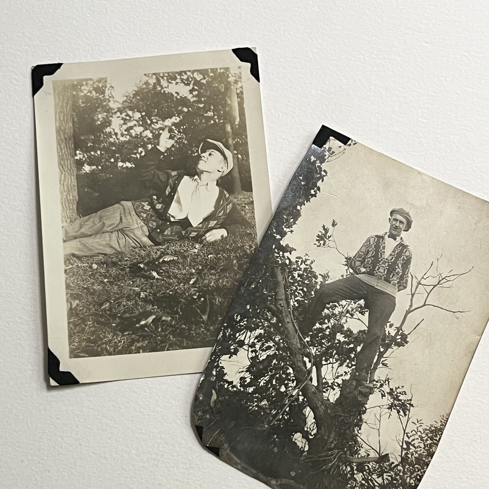 Vintage B&W Snapshot Photograph Handsome Young Man Smelling Flower In Grass Tree