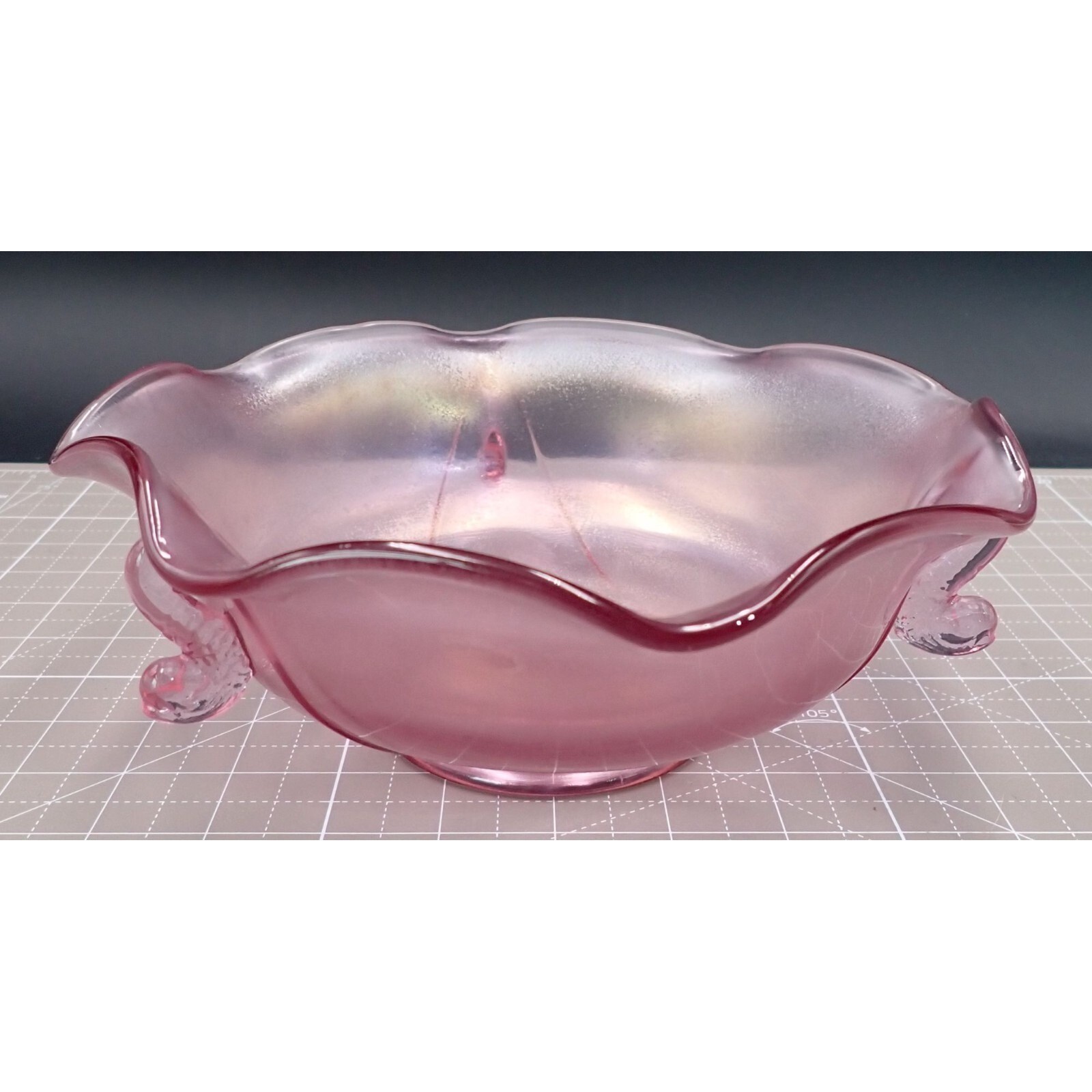 Vintage Fenton Bowl Koi Fish Handles Art Glass Pink Rosalene 8.2\