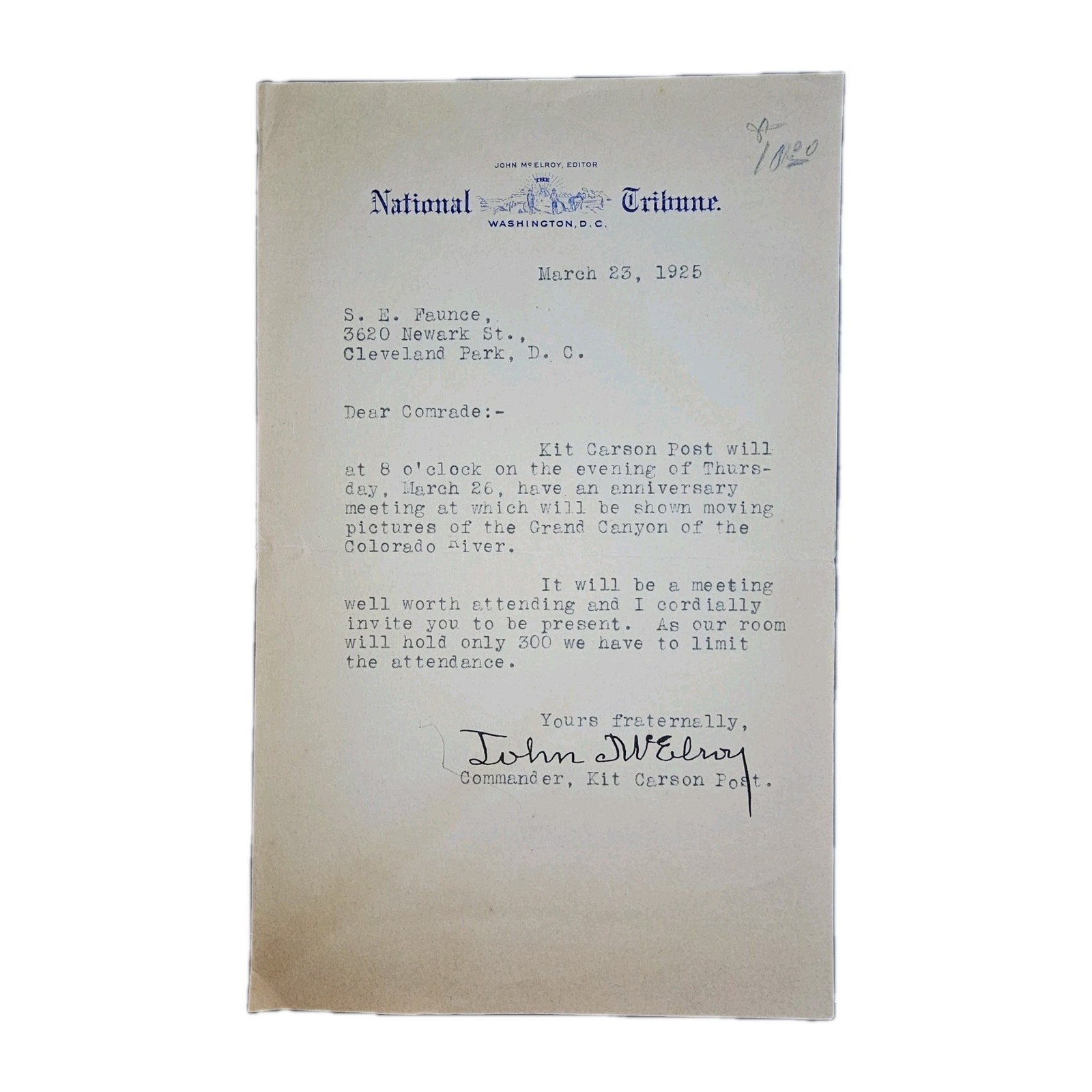 1925 John McElroy Signed Letter – Civil War Vet, Andersonville Survivor, G.A.R.