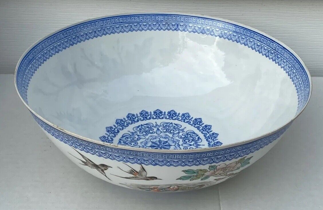 Beautiful Vintage Chinese Eggshell Bowl Original Box Signed Floral Birds Blue
