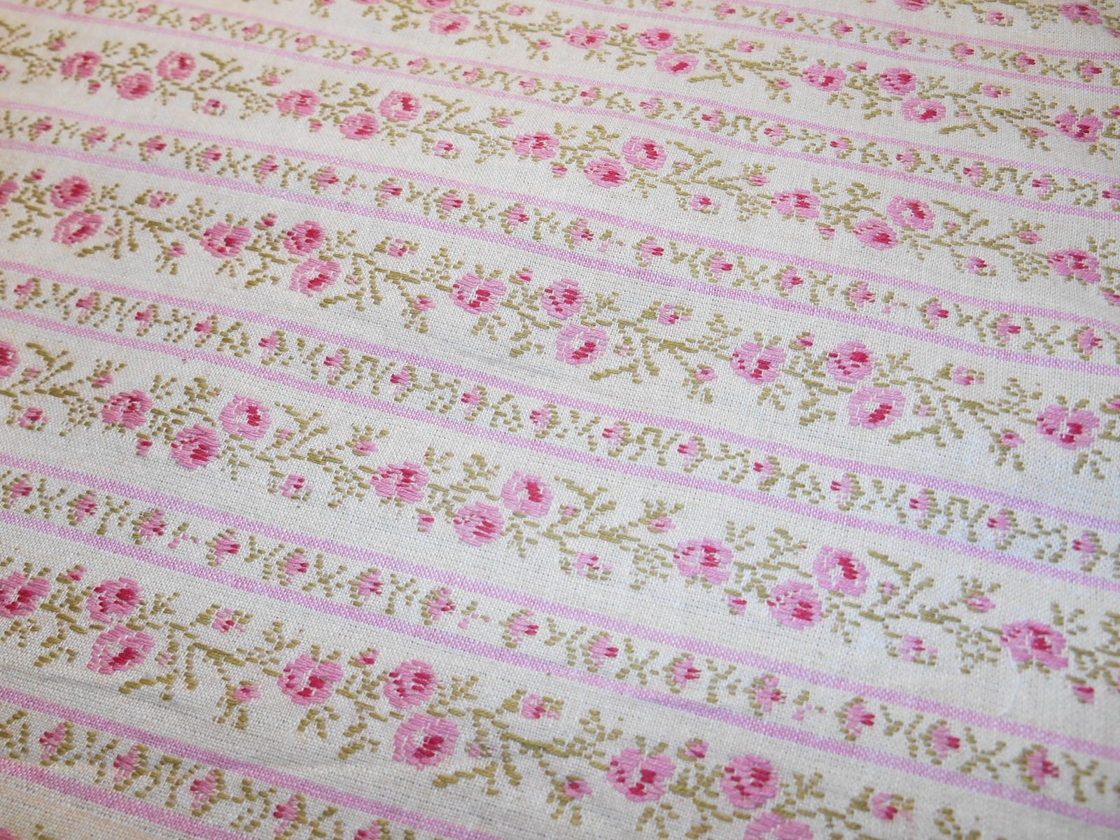 Vintage French Jacquard Woven Textile Cotton Fabric PINK ROSES Stripes 56