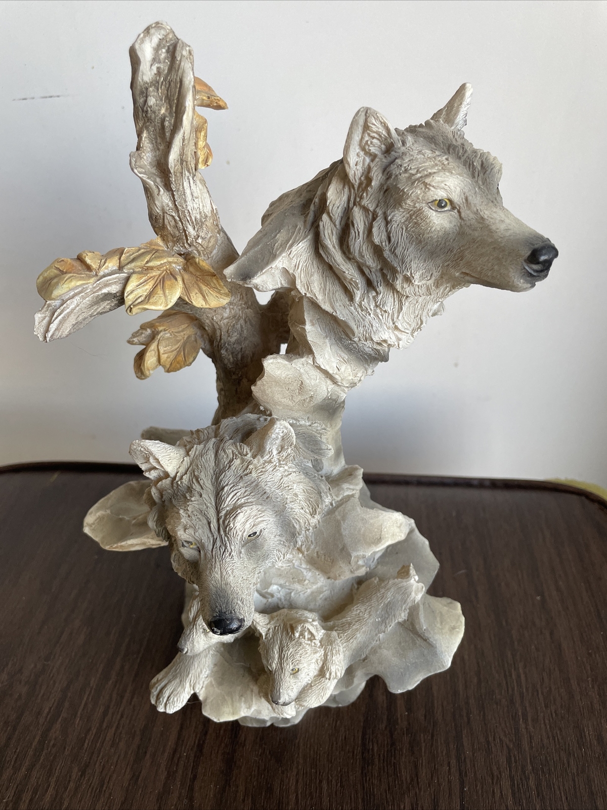9” Tall Grey Wolves On Tree With Cubs Resin Wolf Family Figurine Native American 9” Tall Grey Wolves On Tree With Cubs Resin Wolf Family Figurine Native American