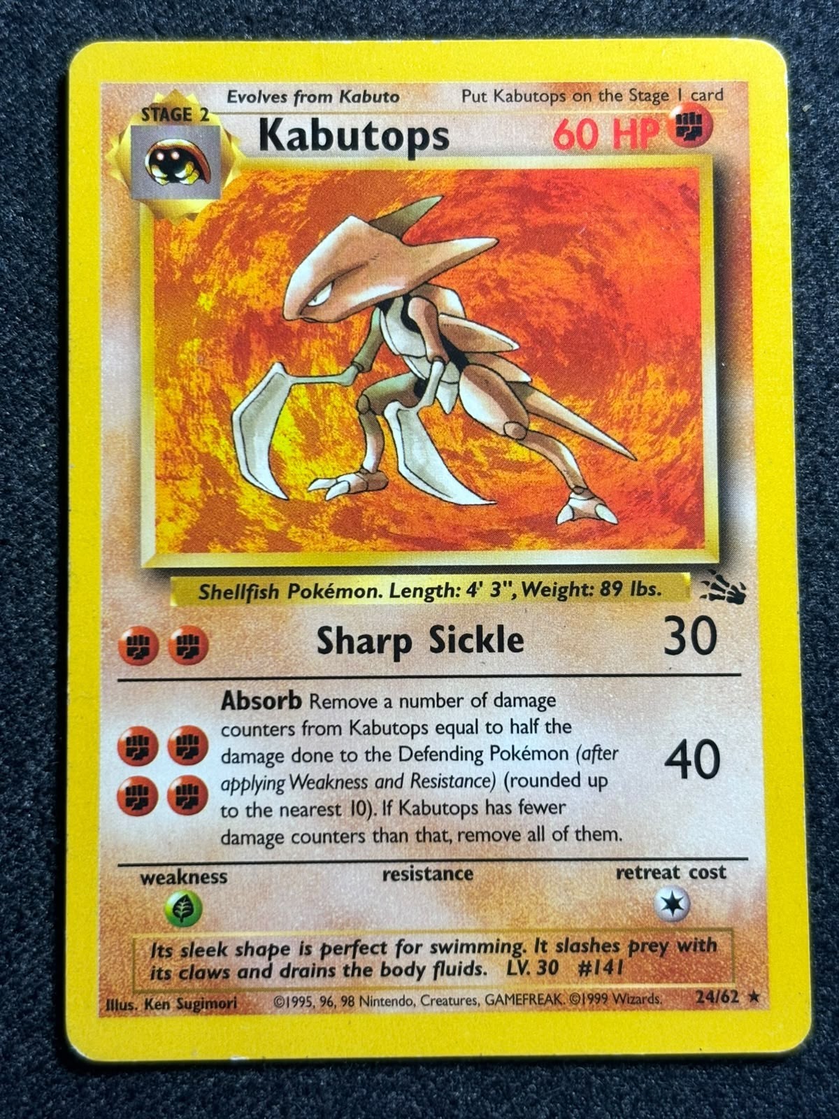 Kabutops 24/62 Pokemon Card 1999 Fossil Set Vintage WOTC Original Non Holo MP