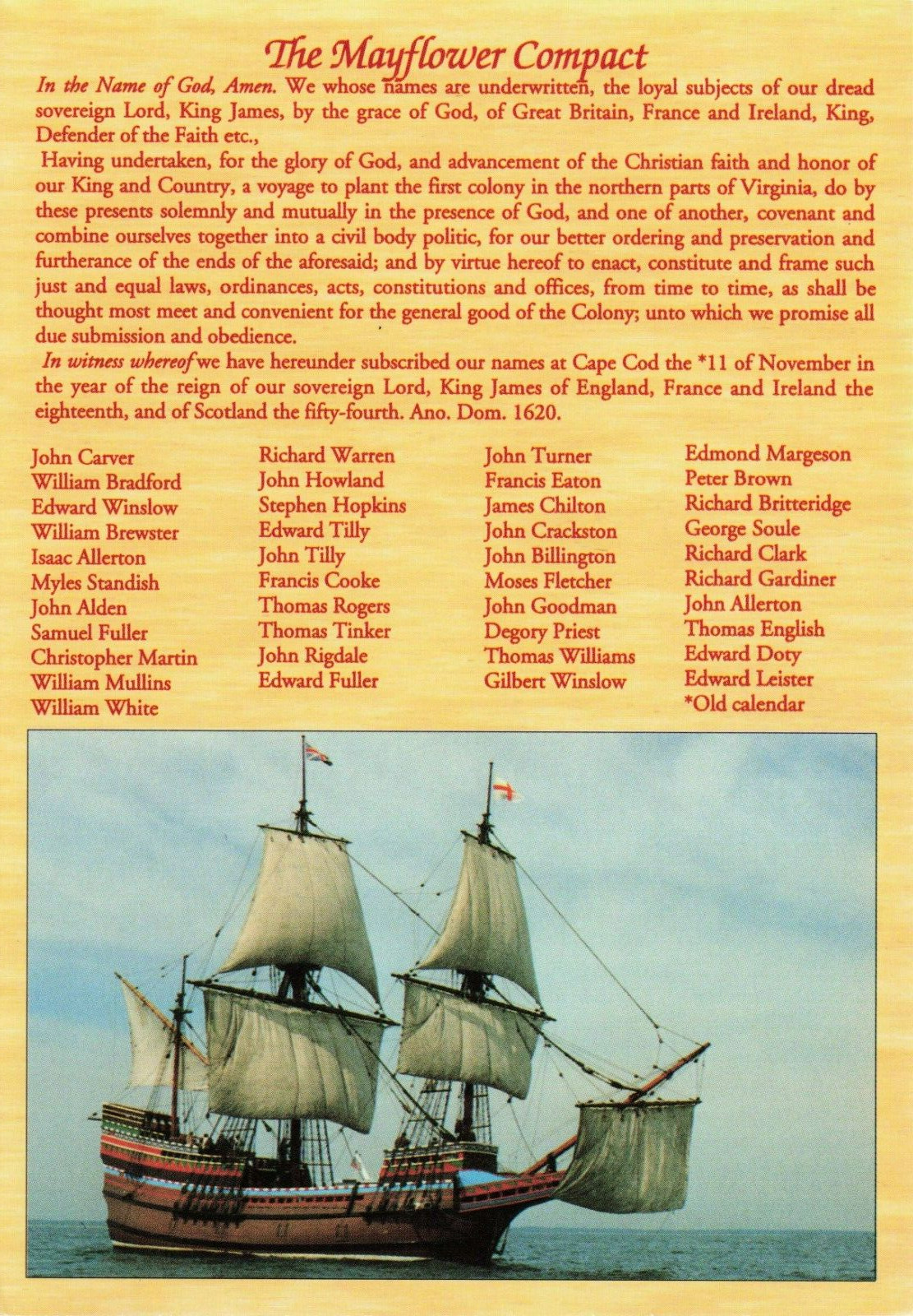 Postcard The Mayflower Compact, Plymouth Massachusetts MA