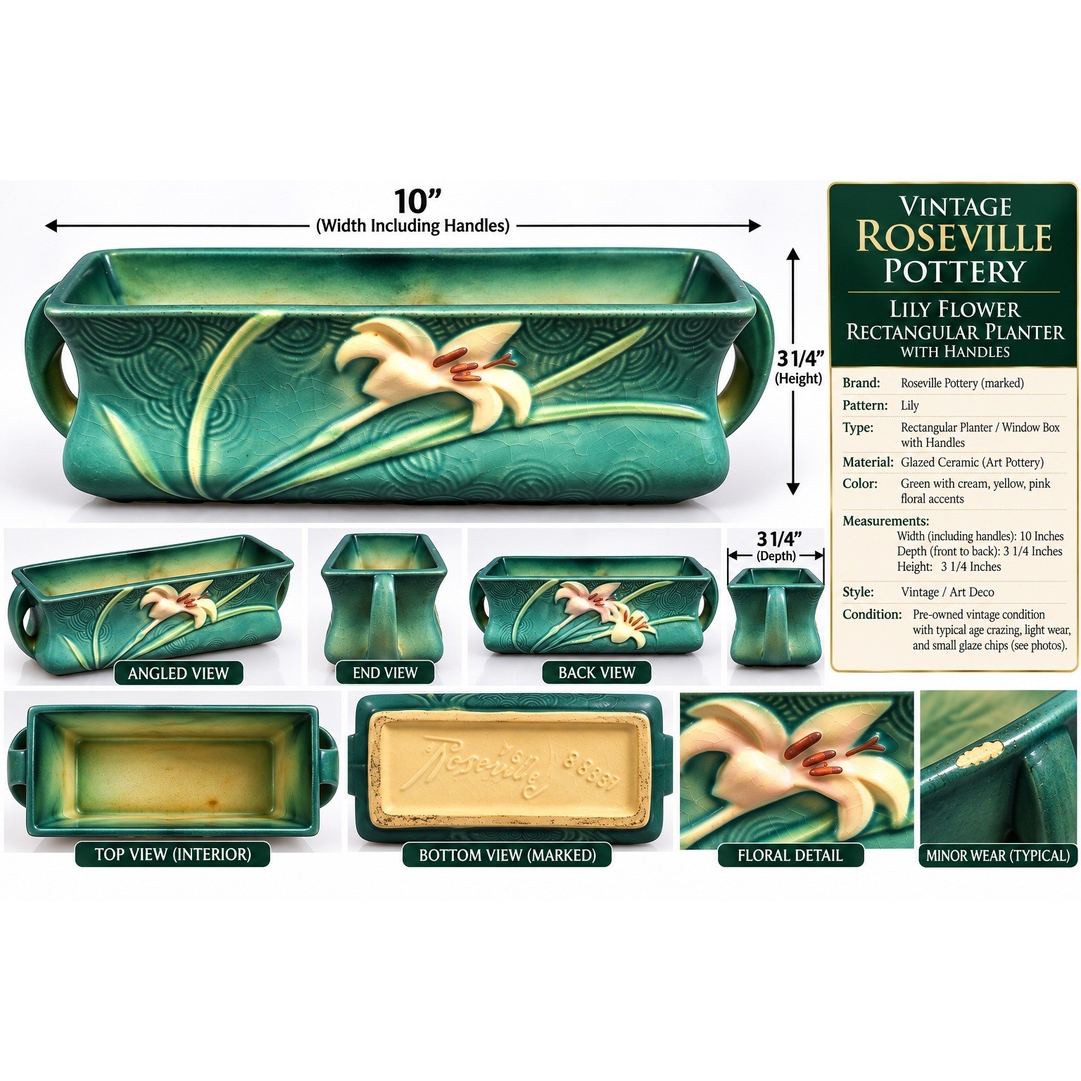 Vintage Roseville Pottery Lily Green Rectangular Planter Window Box 132-8 10in