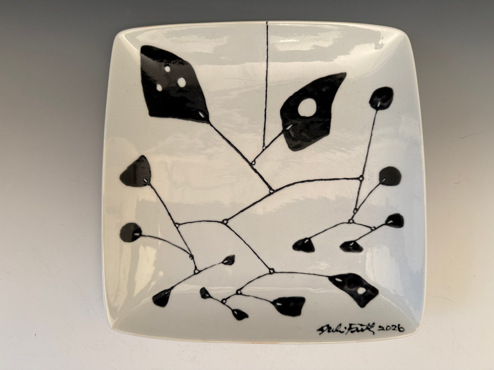 MOBILES design on White Ceramic Plate Hand Painted Mobile Art Refired MCM 1/1