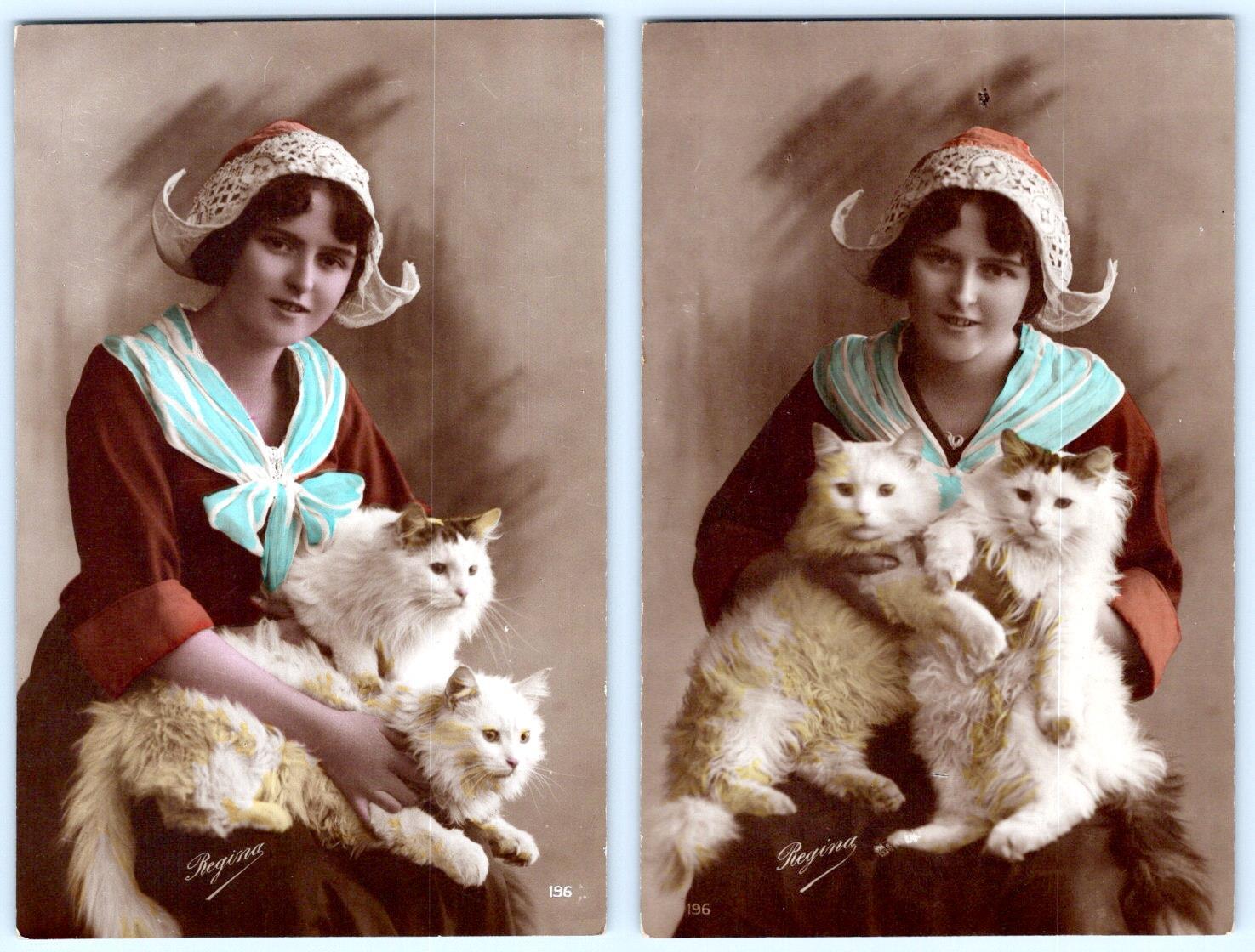 1910\'s RPPC SET/2 WHITE FLUFFY CATS DUTCH GIRL HAND COLORED REGINA POSTCARD