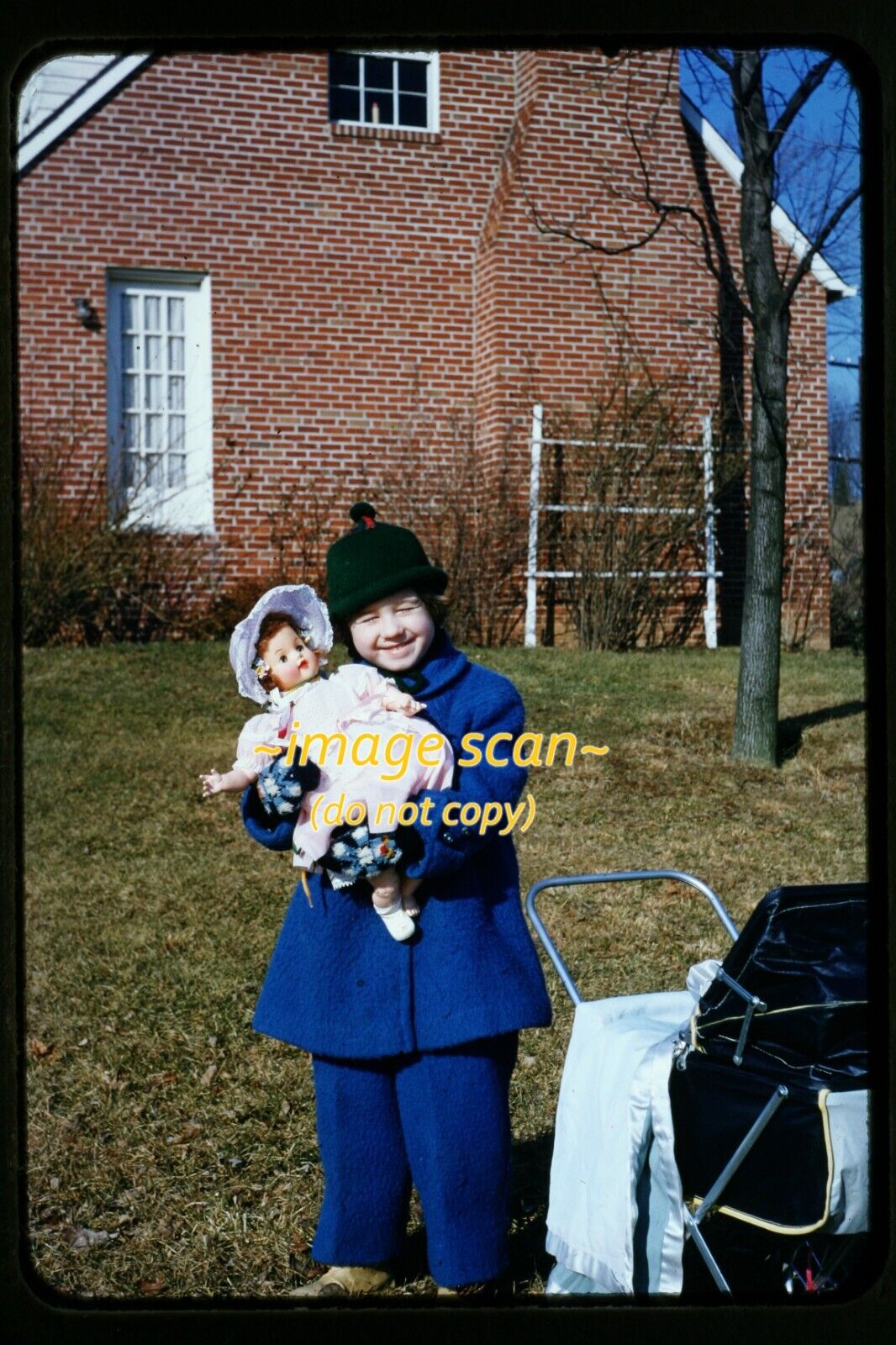 Toy Doll and Carriage Stroller in early 1950s, Kodachrome Slide aa 22-20b