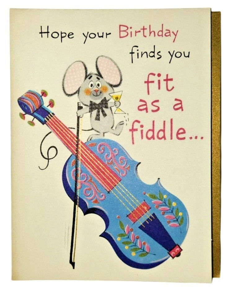 Vintage American Greetings Birthday Card Mouse Fiddle Drum Mid Century 15 B 441-