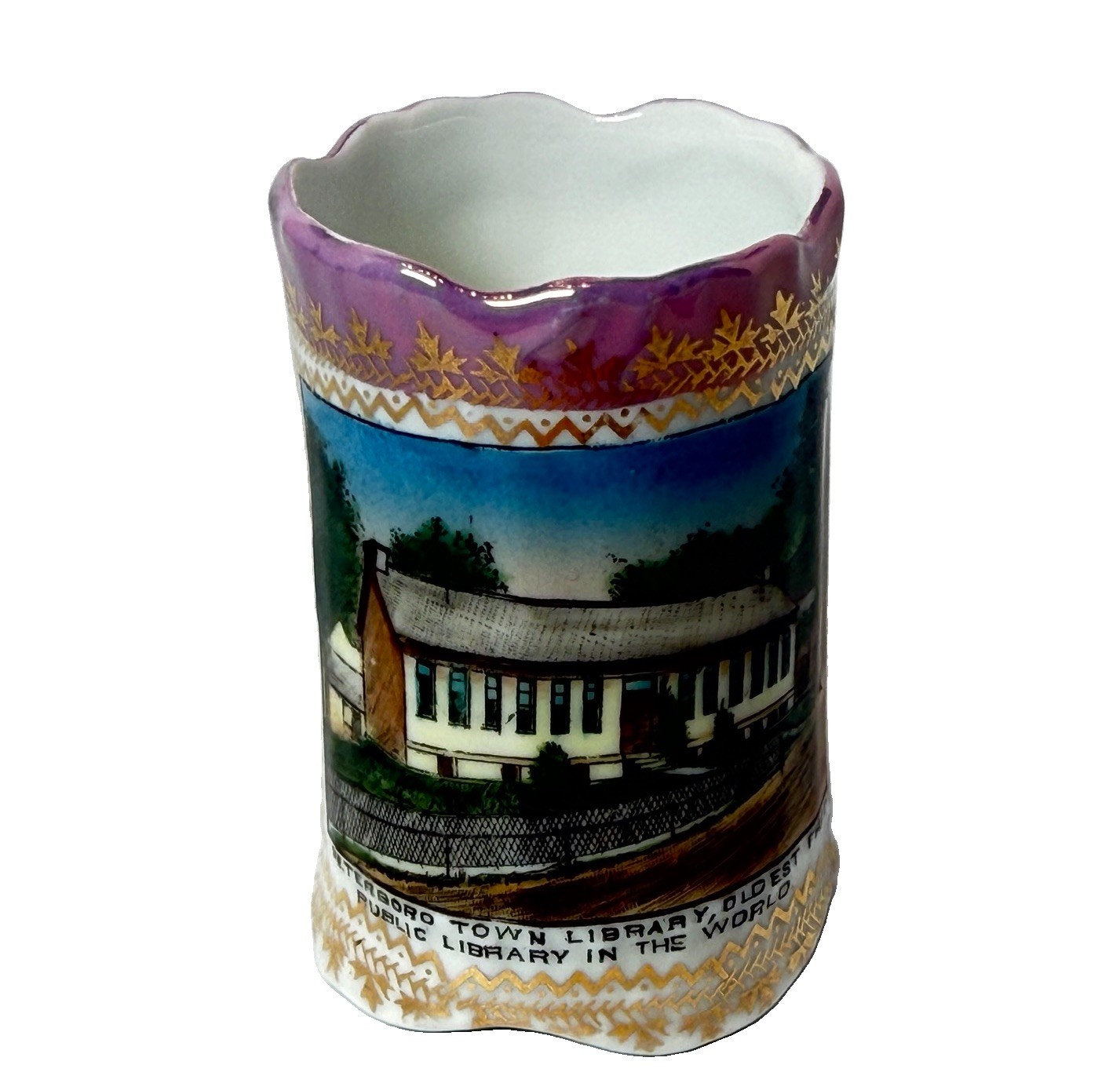 WOLFEBORO NH NEW HAMPSHIRE ANTIQUE Souvenir LIBRARY Porcelain TRINKET CUP WOLFEBORO NH NEW HAMPSHIRE ANTIQUE Souvenir LIBRARY Porcelain TRINKET CUP