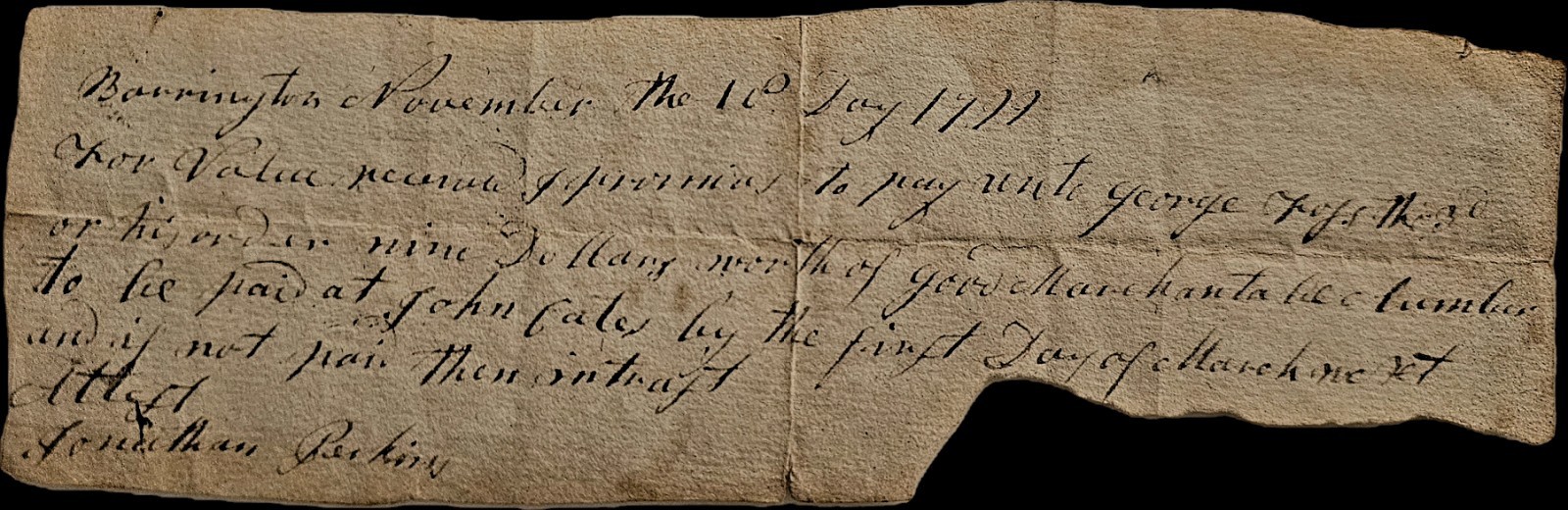 1799 Barrington NH Promissory Note – Rev War Lt Jonathan Perkins – Signed