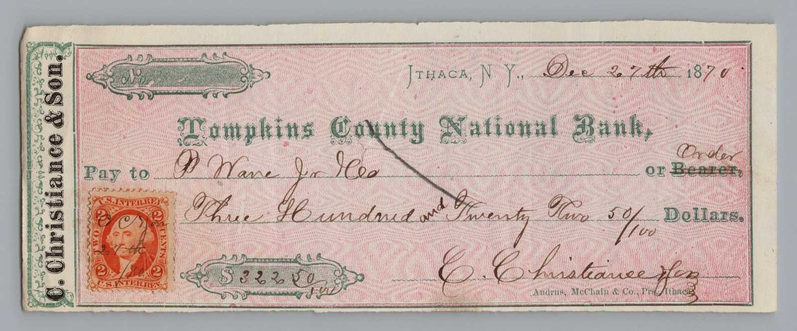 1870 Tompkins County National Bank Ithaca NY Check 2c Revenue Stamp Ephemera