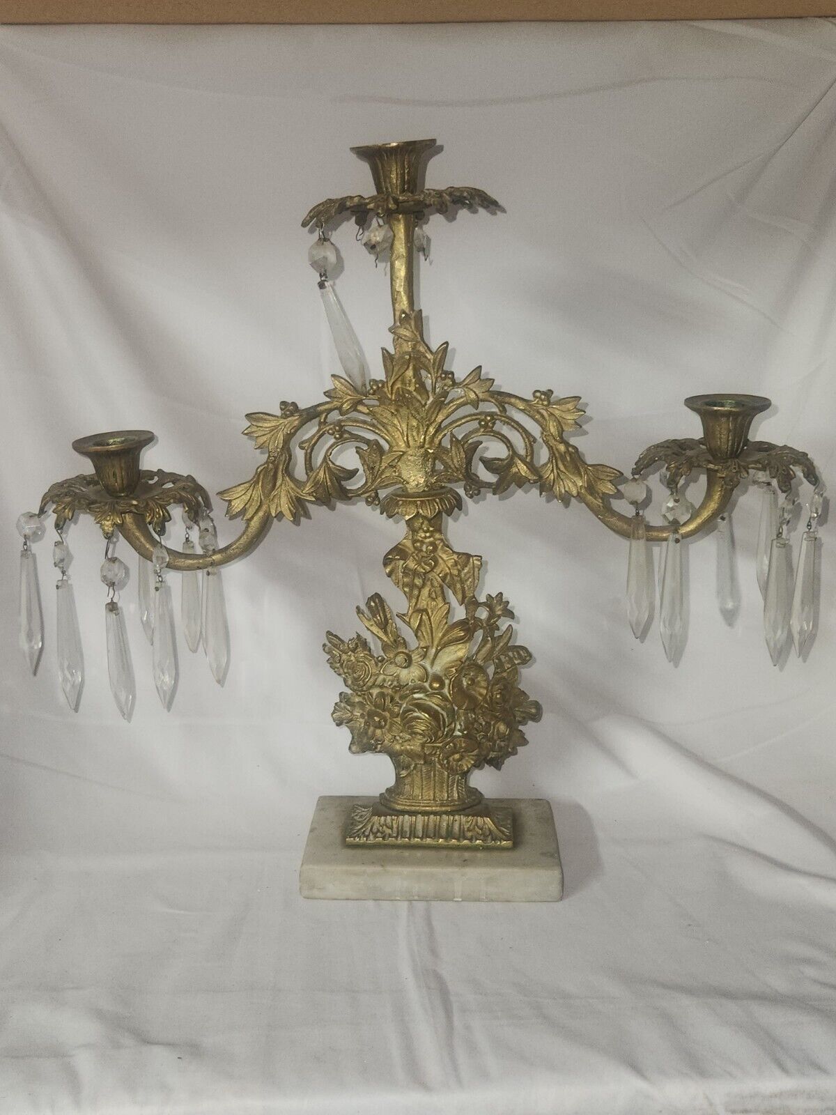 Antique Ornate Solid Brass Candelabra with Floral Bouquet Design on Marble Base