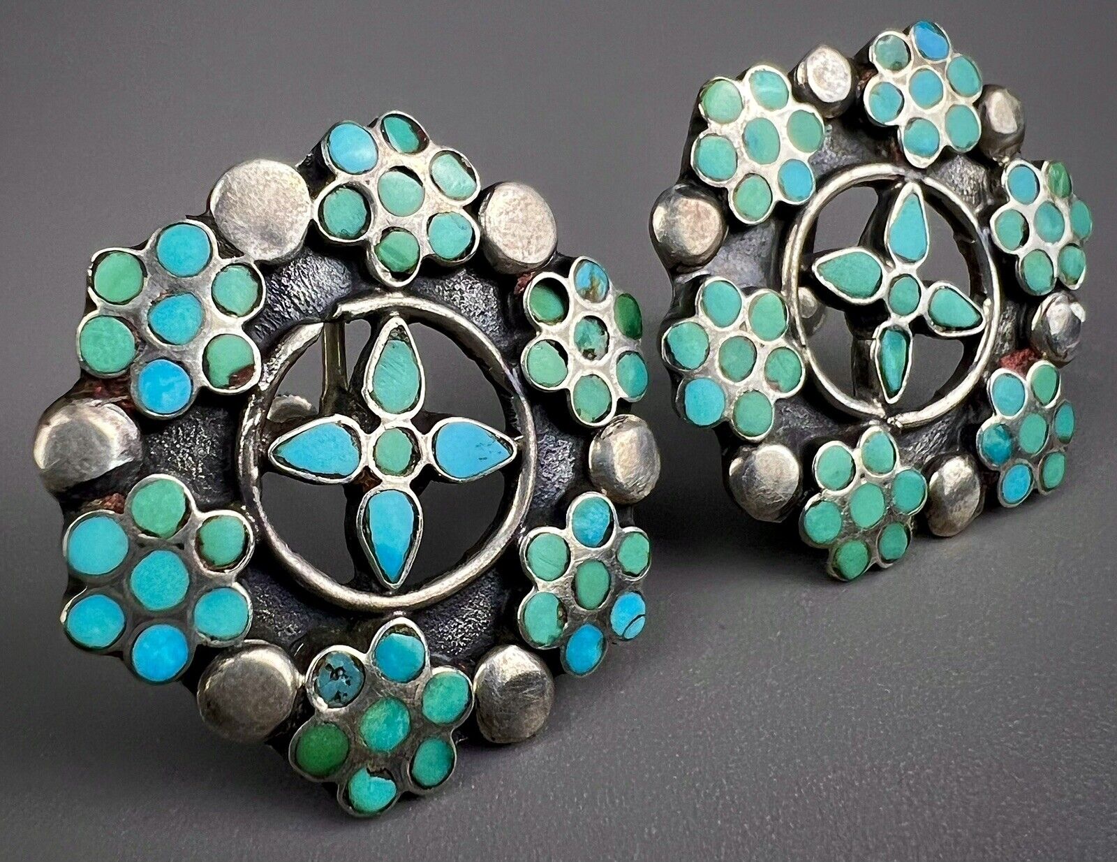 Vintage Zuni Dishta Sterling Silver Turquoise Inlay Earrings ~ BEAUTIFUL ~