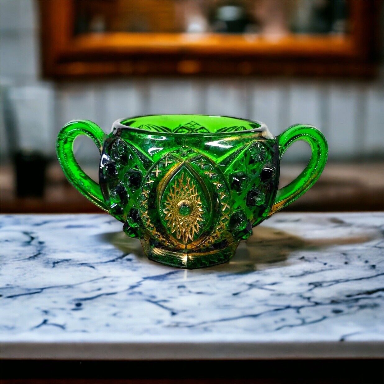 Antique Northwood Glass Memphis Doll\'s Eye Green Sugar Bowl