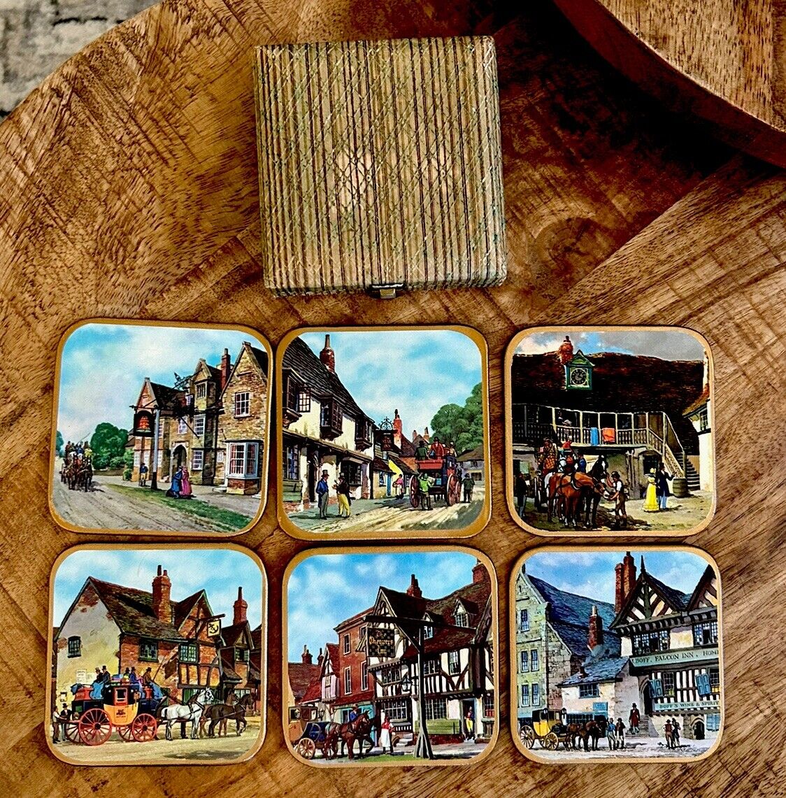 Vintage Win-El-Ware Coaster Set Of 6 With Case England Made 1950s Village Scenes