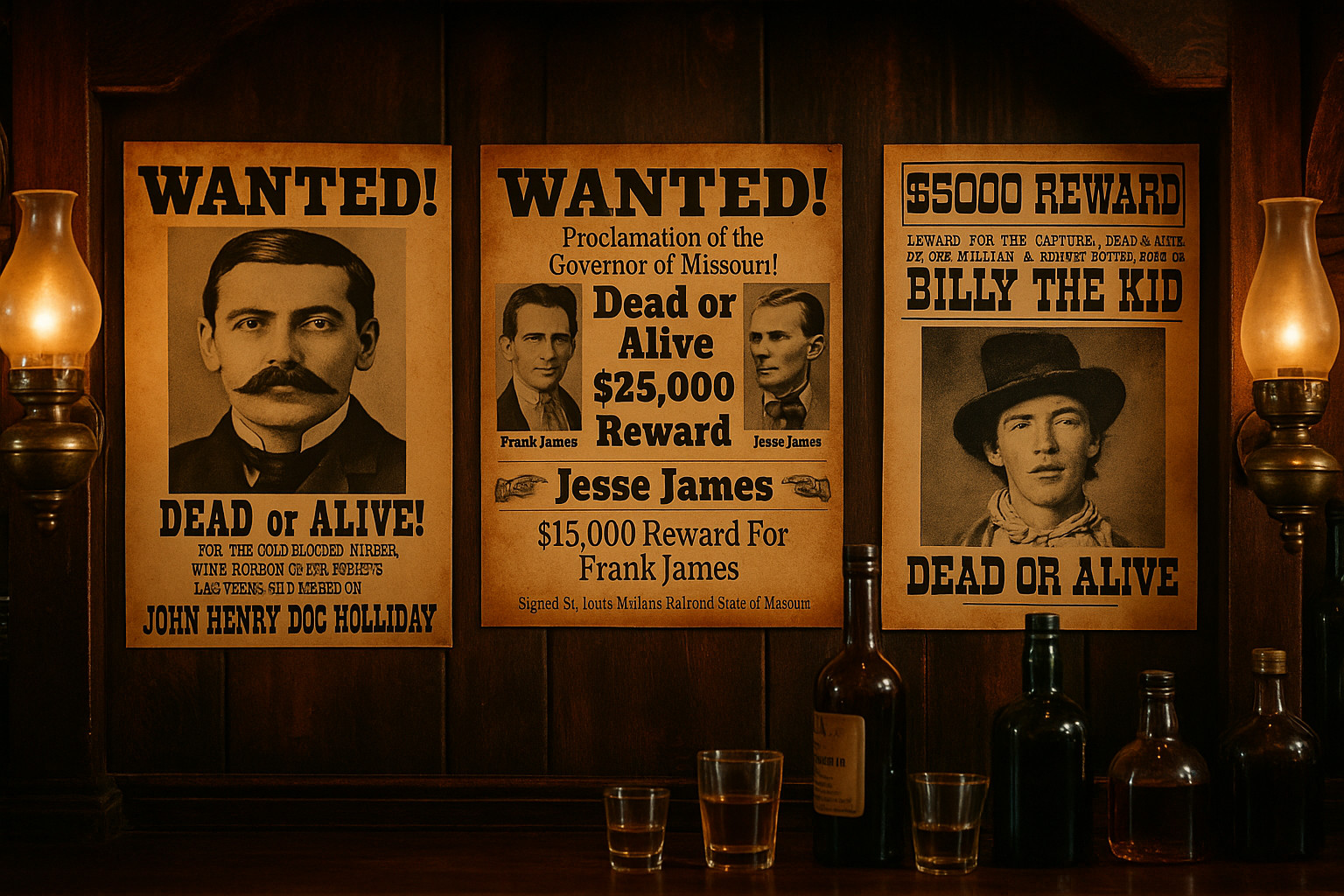 Framed Jesse James, Doc Holiday, and Billy the kid Posters Western Vintage Decor