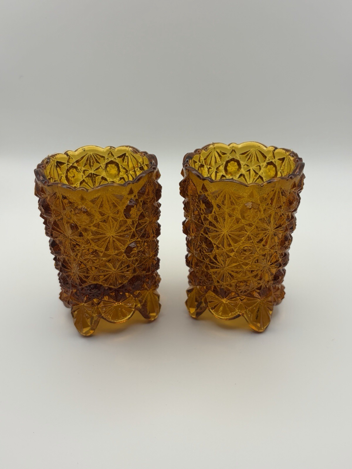 2 VTG L.G. Wright Amber Glass 3-Footed Toothpick Holders/Spooners Daisy & Button
