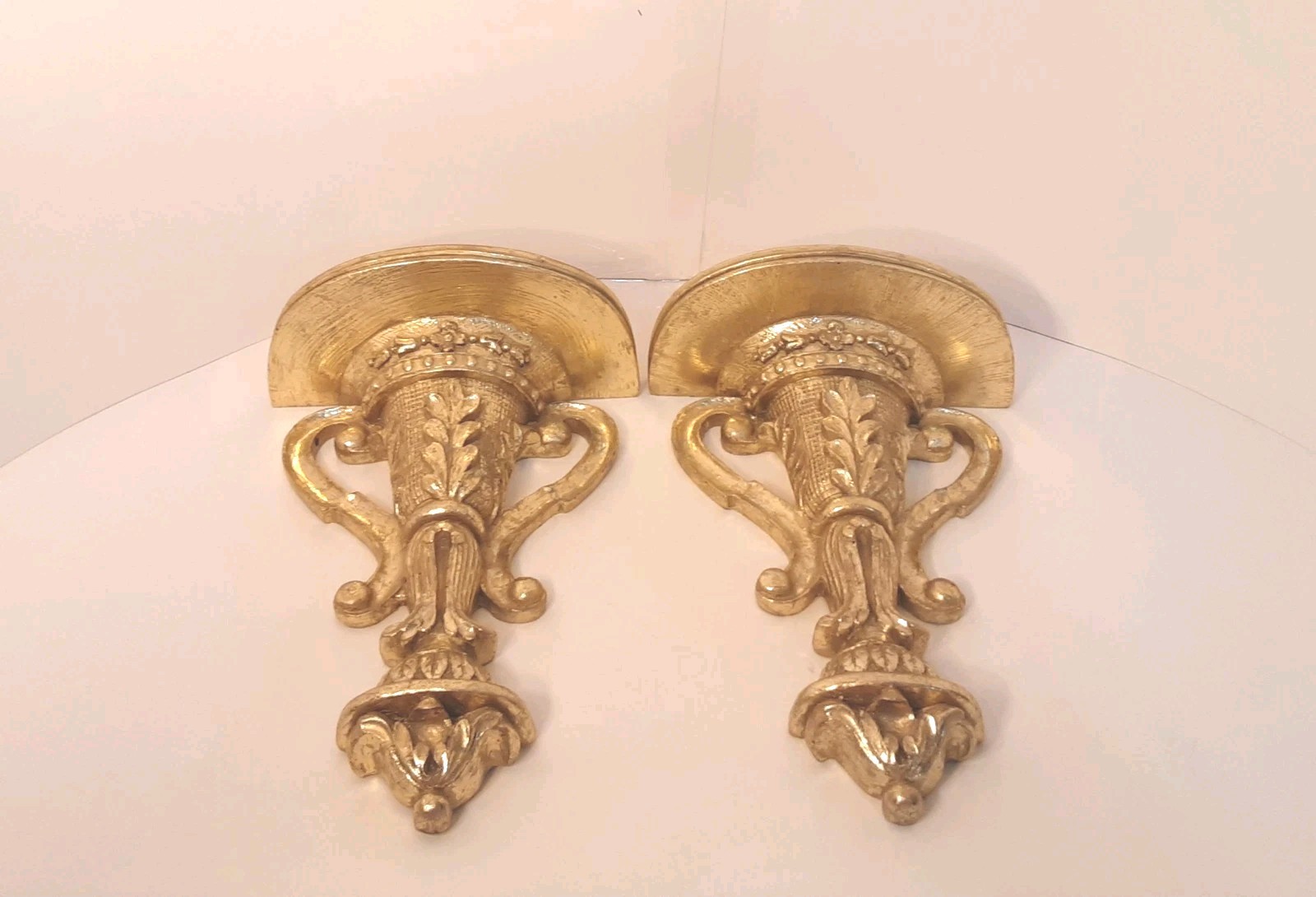 Vintage Gatco Solid Brass Wall Shelves Sconces Ornate Gold Pair 10\