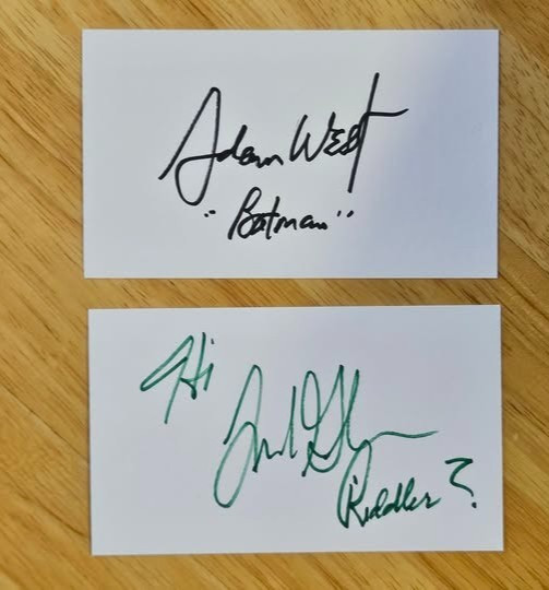 ADAM WEST SIGNED & FRANK GORSHIN SIGNED 3x5 INDEX CARD AUTOGRAPH - BATMAN