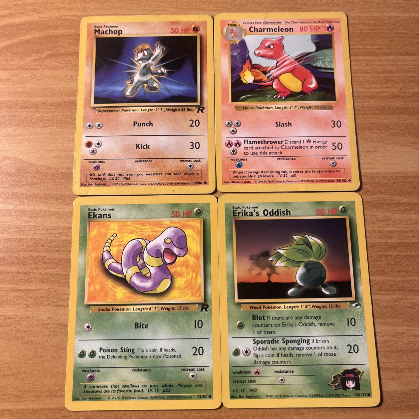 Pokémon/ 4 Cards/Erika’s Oddish -78 & Ekans- 56 & Machop- 59 & Chameleon 24