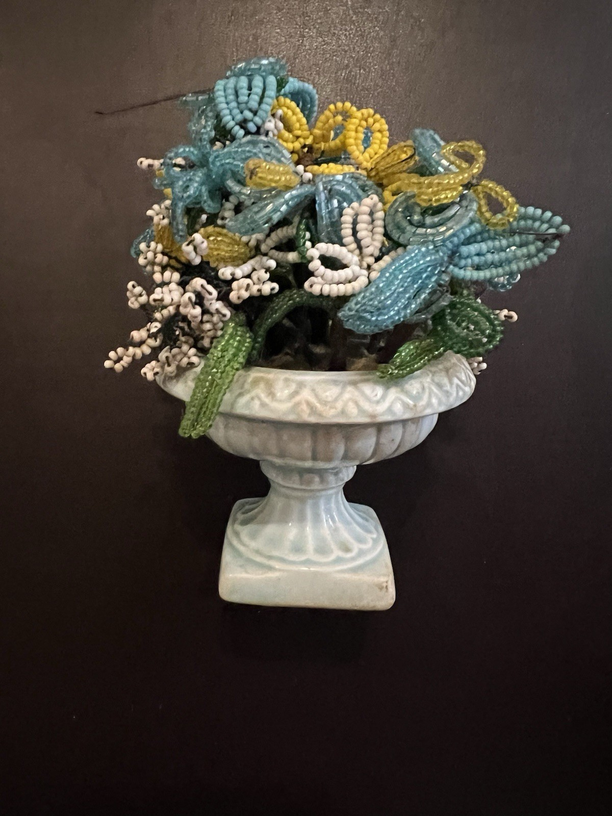 Vintage French Style Glass Seed Bead Flowers Blue Ceramic Urn Mini Bouquet