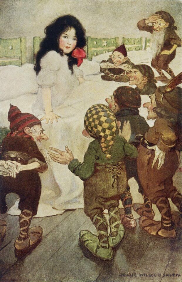 Fairy Tale Postcard: Vintage repro - Lovely Snow White + Seven Dwarves, 1920\'s