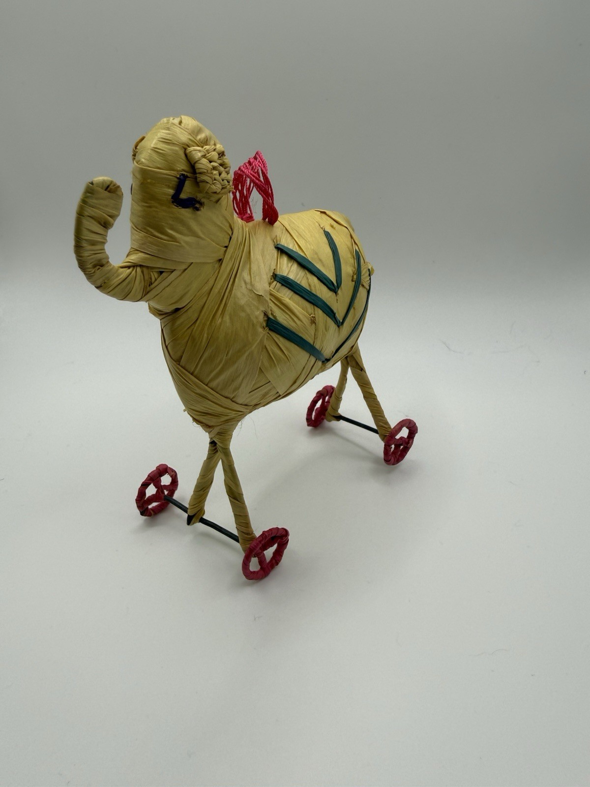 Vintage Mexican Style Folk Art Elephant on Wheels Woven Palm Fiber Handmade
