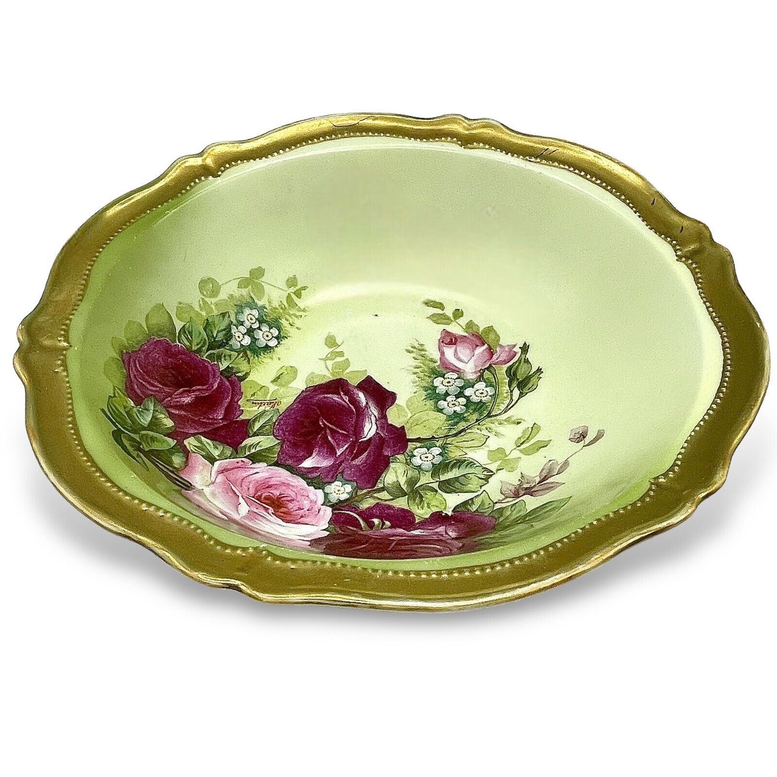 Antique OEG ROYAL AUSTRIA ROSE POMPADOUR Bowl 10” 24KT Gold Pink Crimson Green