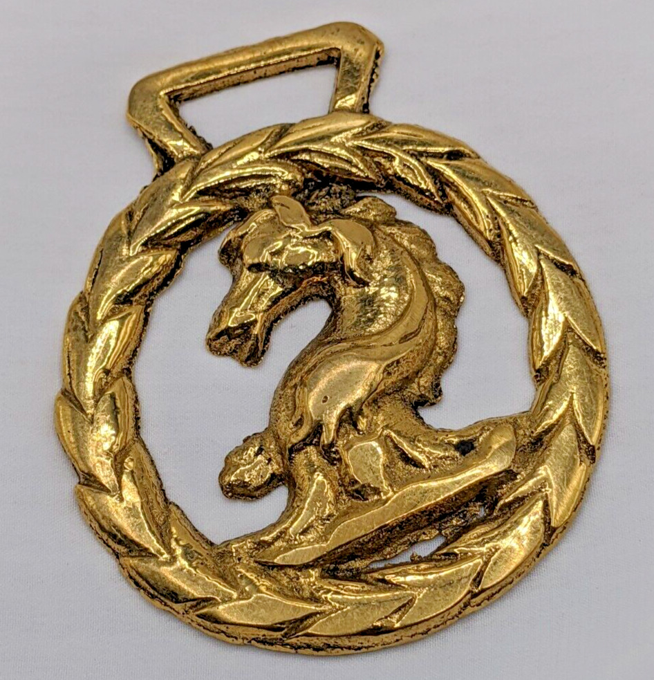 Brass Horse Medallion Vintage English Ornate Mane Head Laurel Harness Parade