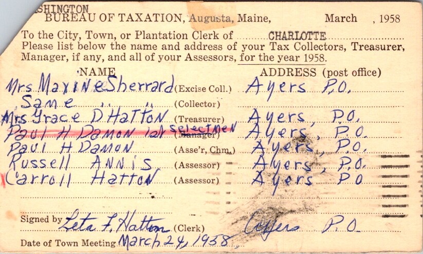 Postal Card State of Maine Bureau of Taxation to Charlotte Maine ME 1958    S348