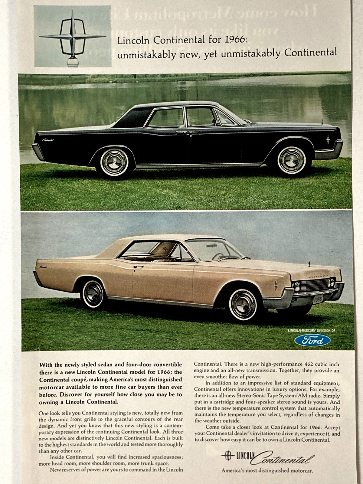 1966 Lincoln Continental Coupe and 4 Door Sedan Print Ad Unmistakably