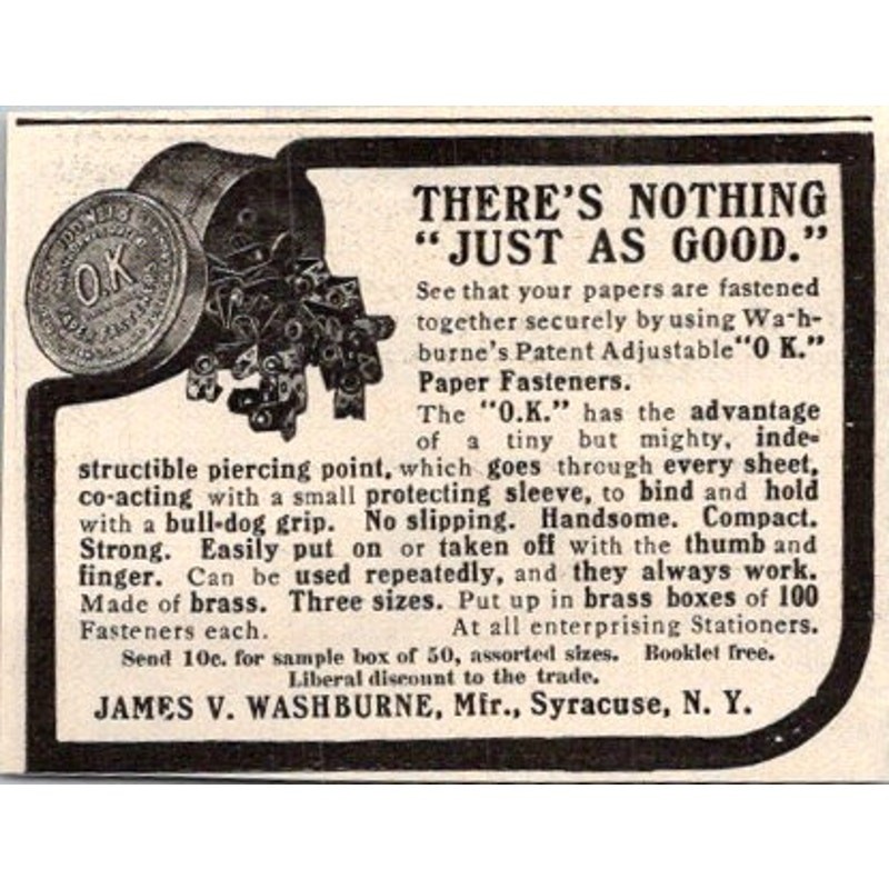 James V Washburne Patent OK Paper Fasteners Syracuse NY 1906 Clipping SAI6-S31