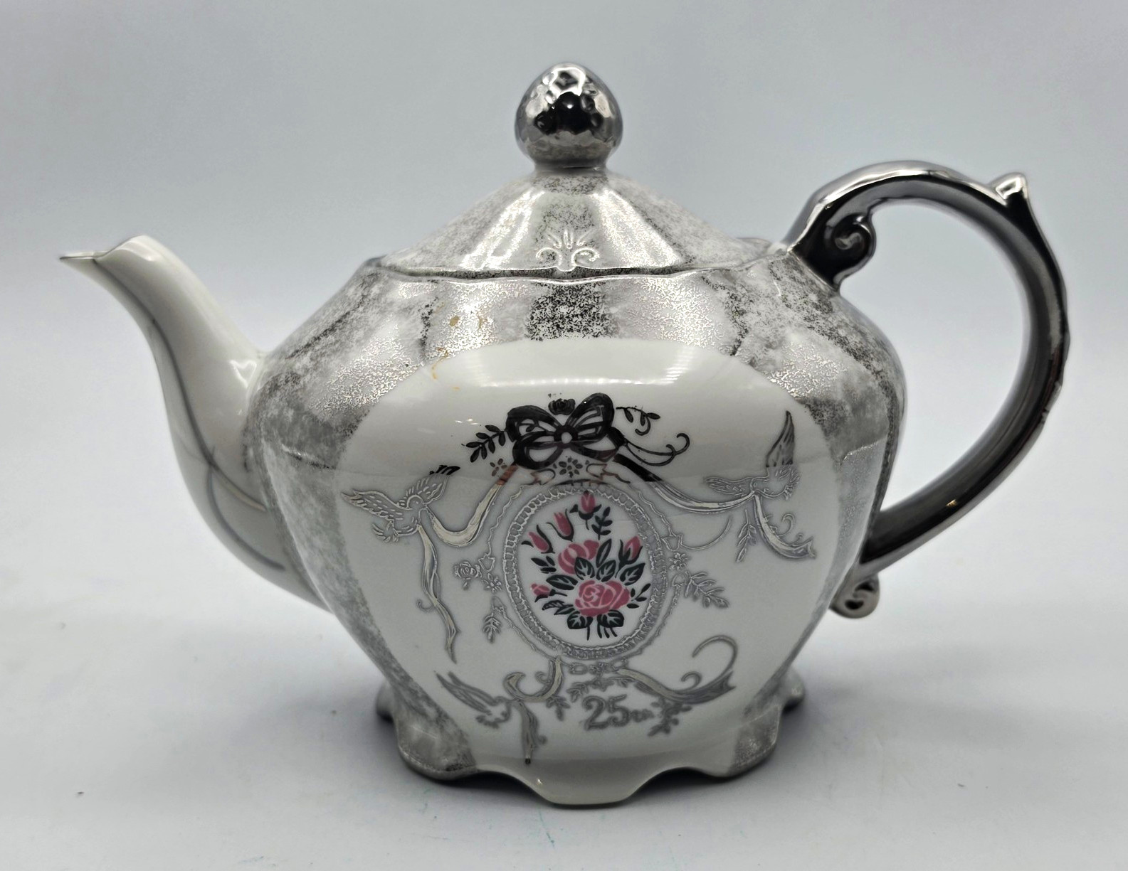 Vintage Enesco 25th Silver Anniversary Teapot Porcelain Pink Rose Silver Overlay Vintage Enesco 25th Silver Anniversary Teapot Porcelain Pink Rose Silver Overlay