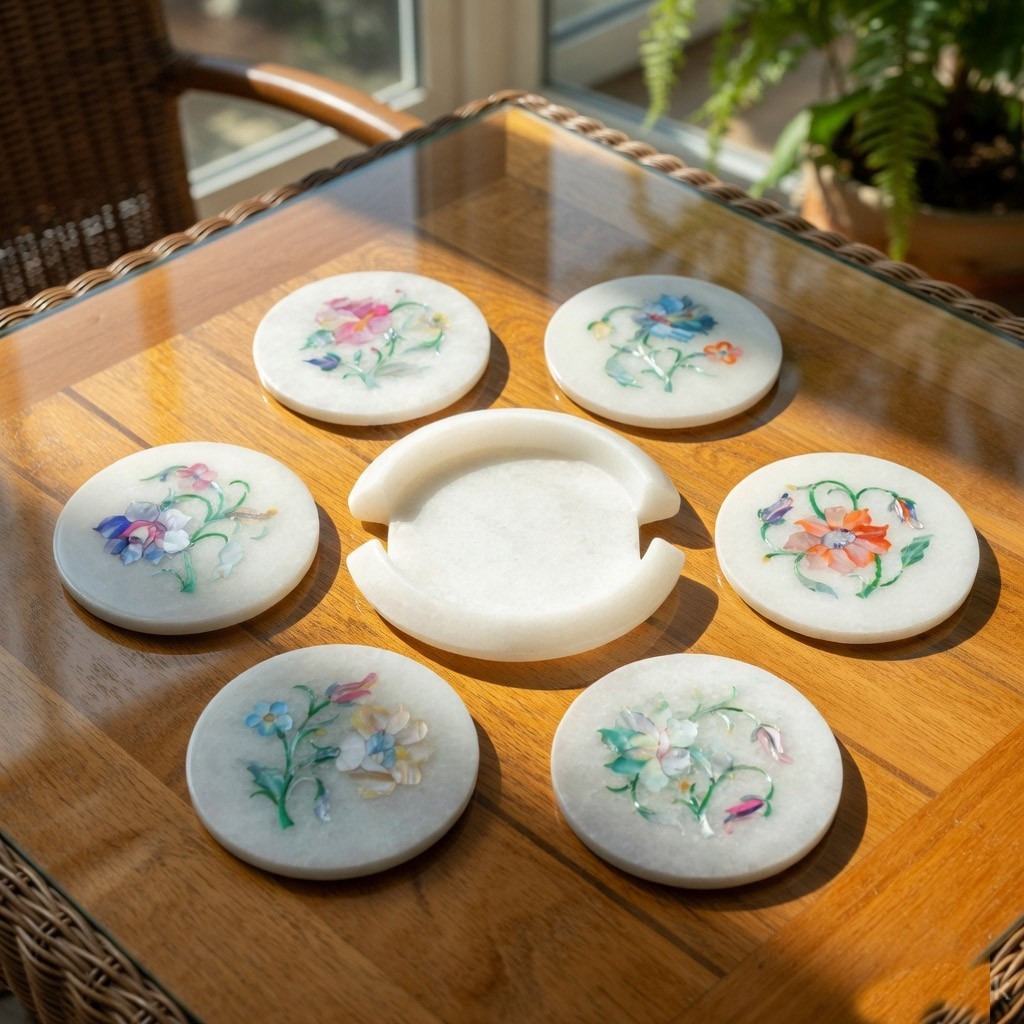 Elegant Marble Inlay Coaster Set Handcrafted Stone Drink Coasters Pietra Dura