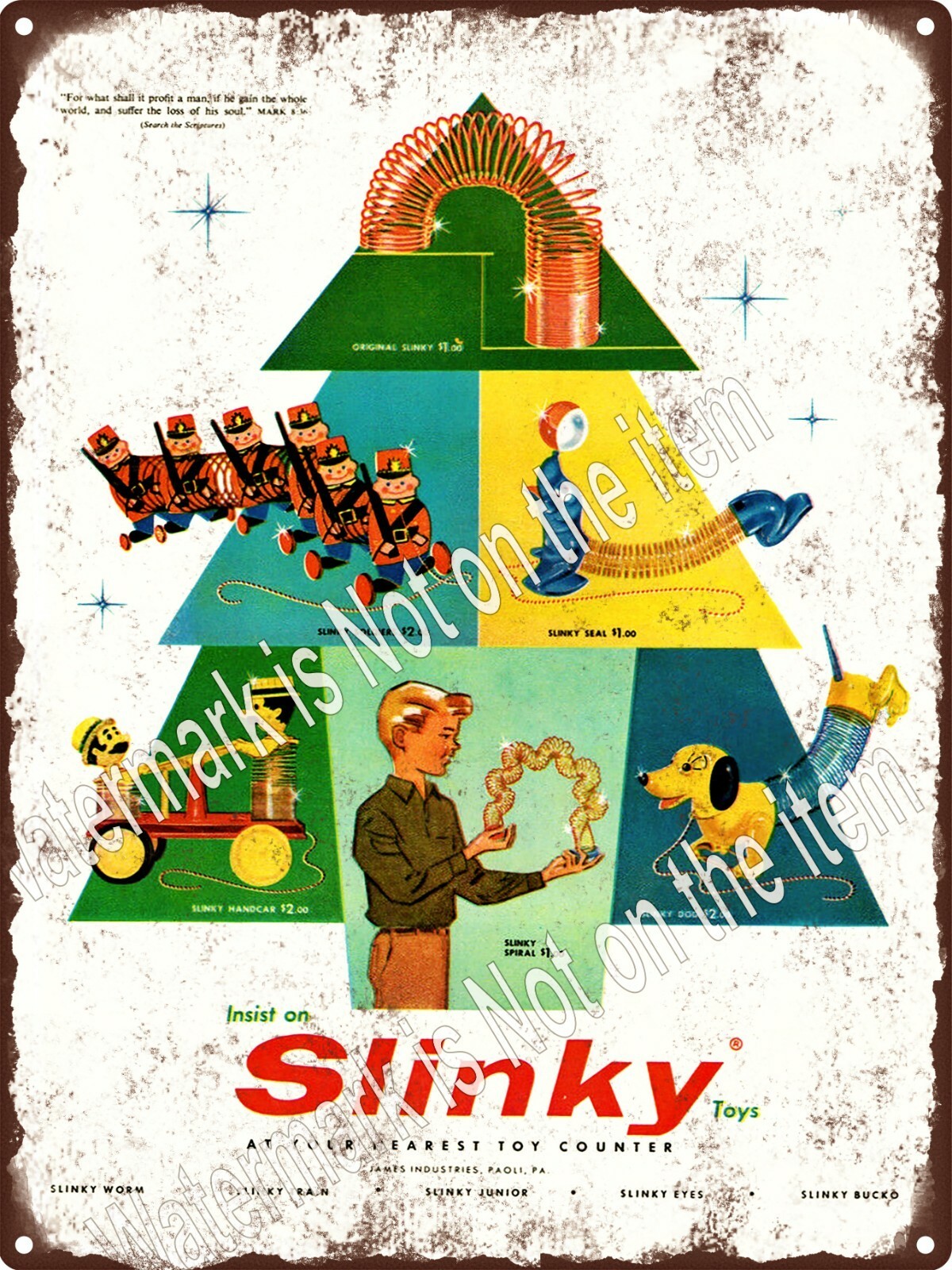 1960s SLINKY CHRISTMAS TREE Toy dog Metal Sign 9x12\