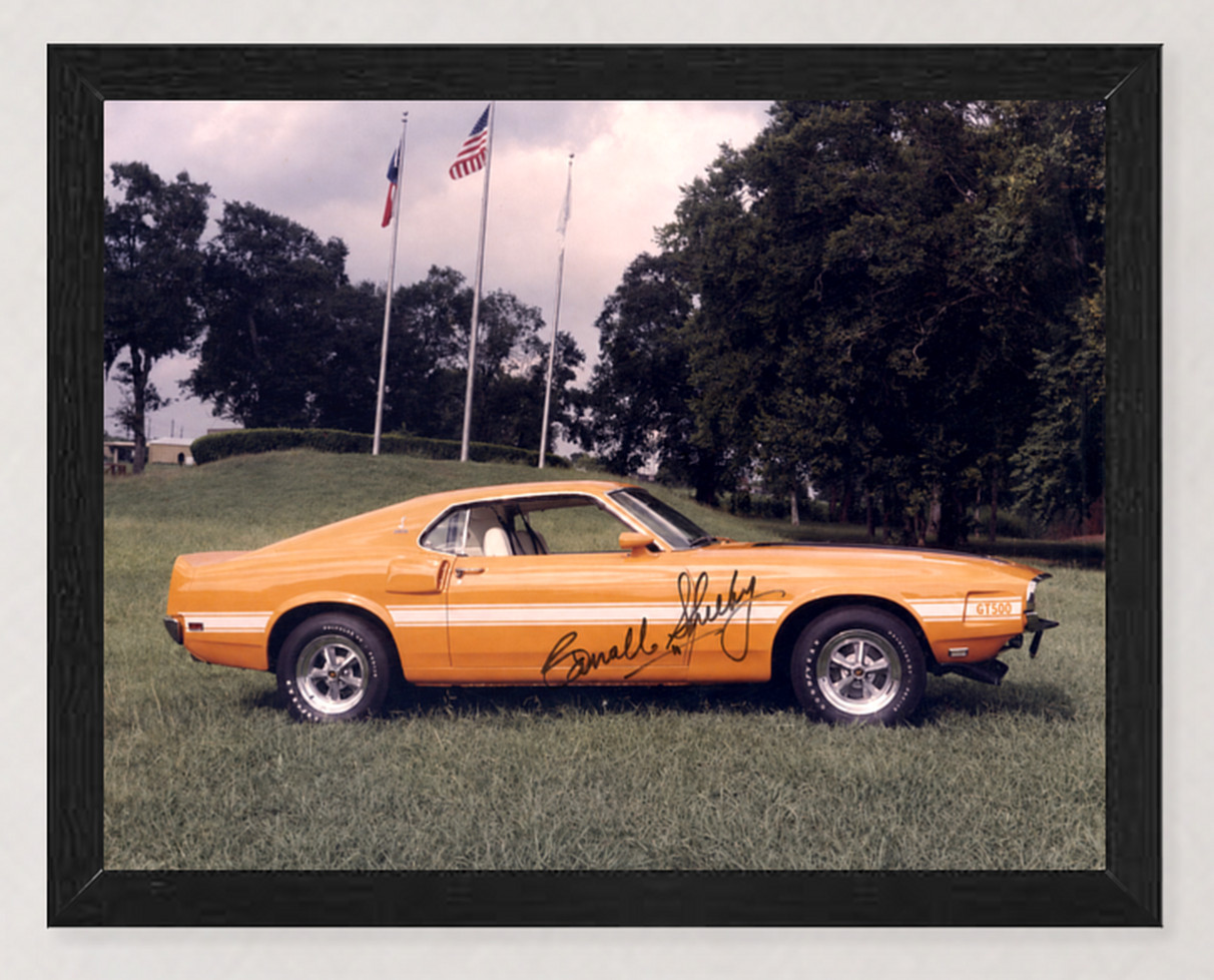 12X9 FRAMED 1969 FORD SHELBY MUSTANG GT500 GRABBER ORANGE SHELBY SIGNED REPRO
